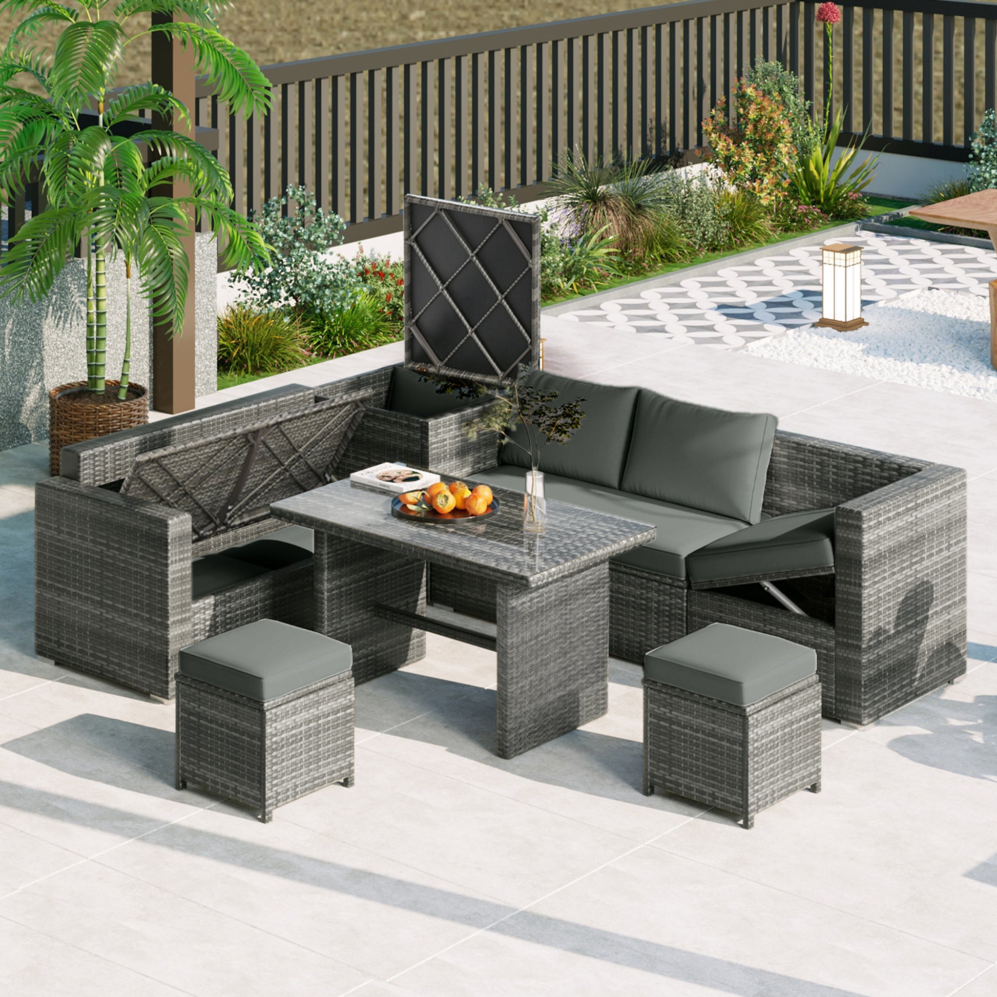 Outdoor 6 Piece All Weather Pe Rattan Sofa Set, Garden Patio Wicker Sectional Furniture Set With Adjustable Seat, Storage Box, Removable Covers And Tempered Glass Top Table,Grey Yes Complete Patio