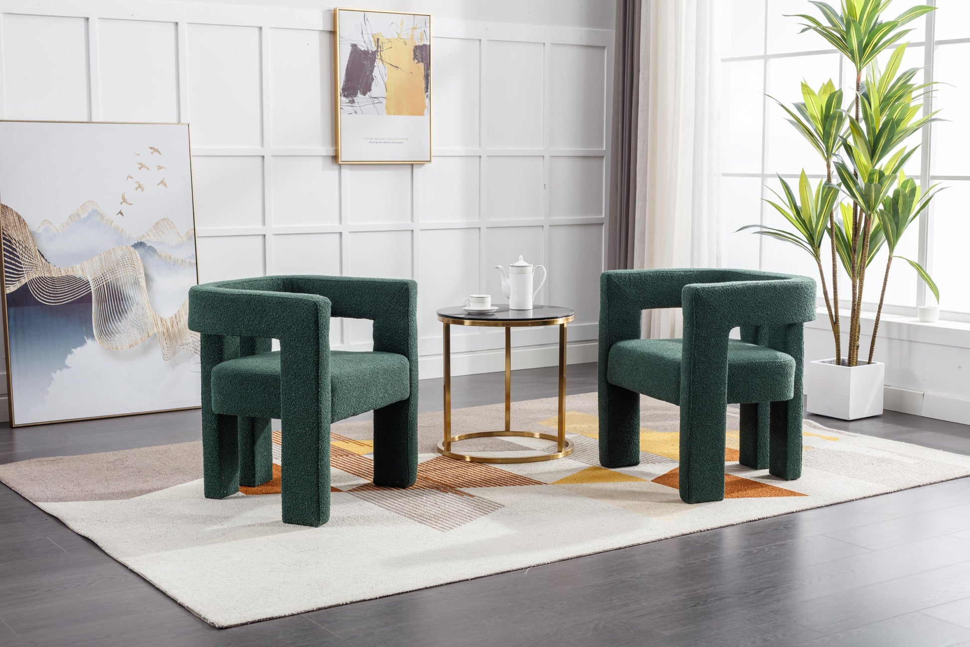 Coolmore Contemporary Designed Fabric Upholstered Accent Dining Chair Barrel Side Chairs Kitchen Armchair For Living Room 2Pc Set Emerald Boucle
