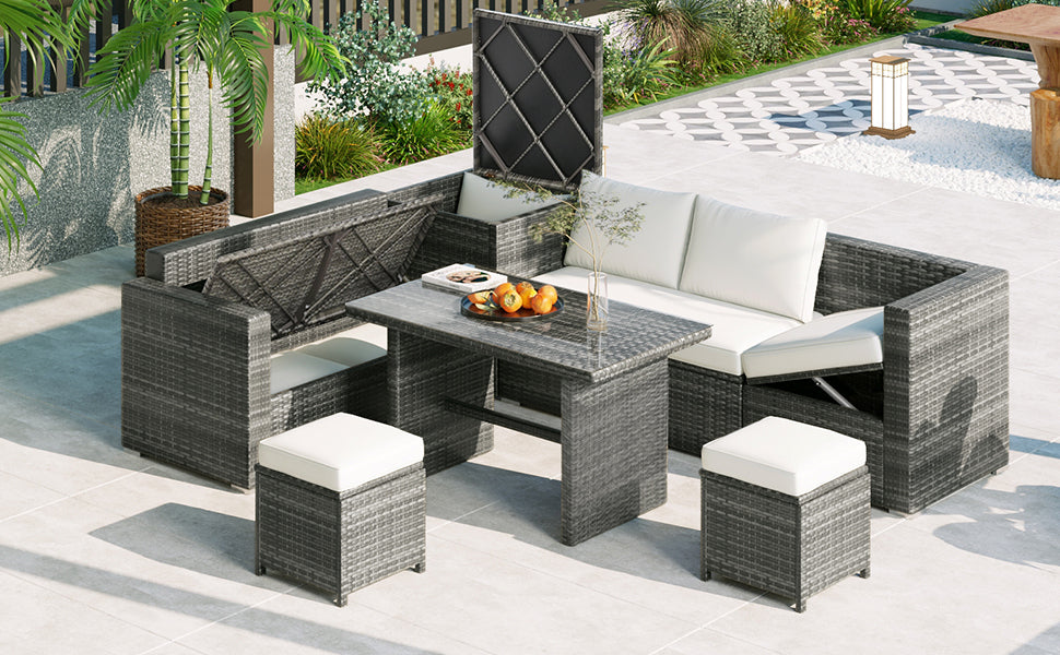 Outdoor 6 Piece All Weather Pe Rattan Sofa Set, Garden Patio Wicker Sectional Furniture Set With Adjustable Seat, Storage Box, Removable Covers And Tempered Glass Top Table, Beige Yes Complete Patio Set Beige Water Resistant Frame Water Resistant Cushion