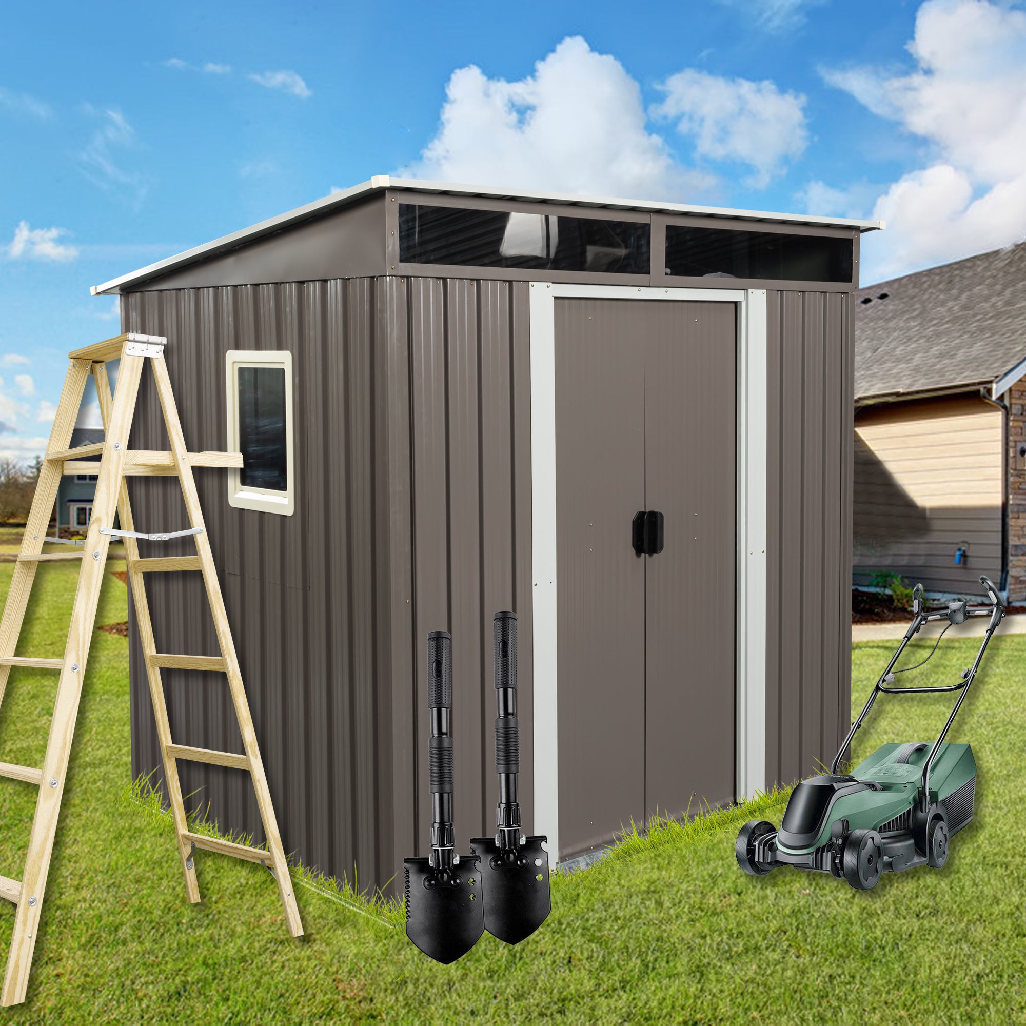 6Ft X 5Ft Outdoor Metal Storage Shed With Window Transparent Plate W540S00011 Gray Iron