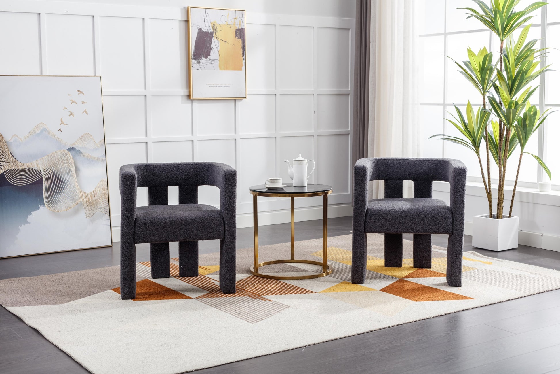 Coolmore Contemporary Designed Fabric Upholstered Accent Dining Chair Barrel Side Chairs Kitchen Armchair For Living Room 2Pc Set Carbon Black Boucle