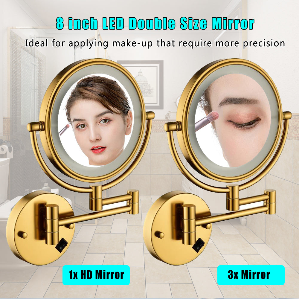 8 Inch Led Wall Mount Two Sided Magnifying Makeup Vanity Mirror 12 Inch Extension Matte Black 1X 3X Magnification Plug 360 Degree Rotation Waterproof Button Shaving Mirror Gold Stainless Steel