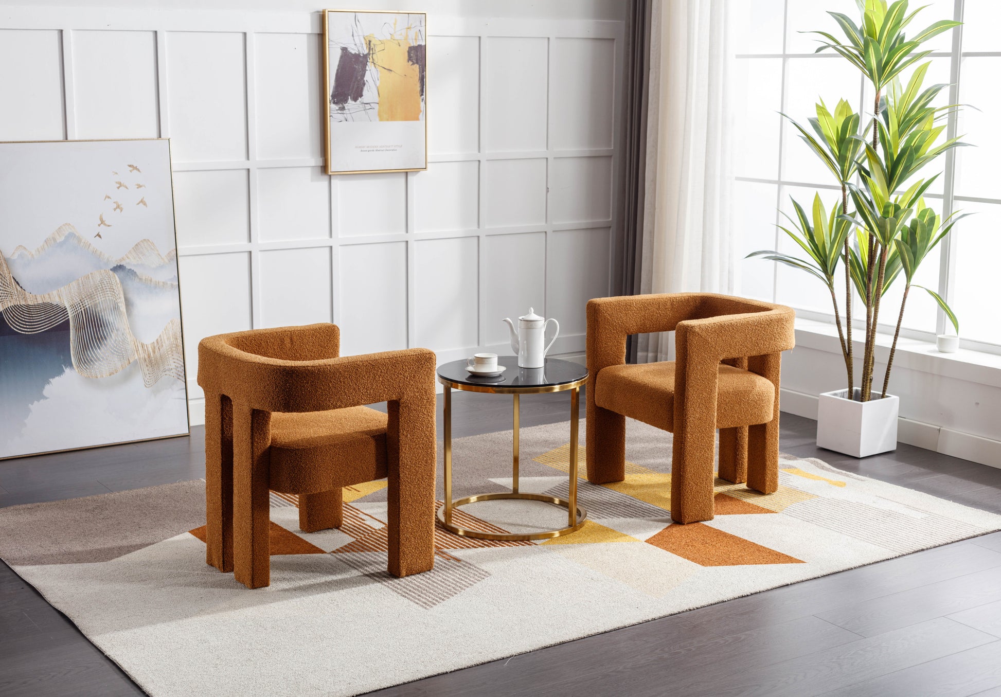 Coolmore Contemporary Designed Fabric Upholstered Accent Dining Chair Barrel Side Chairs Kitchen Armchair For Living Room 2Pc Set Coffee Boucle