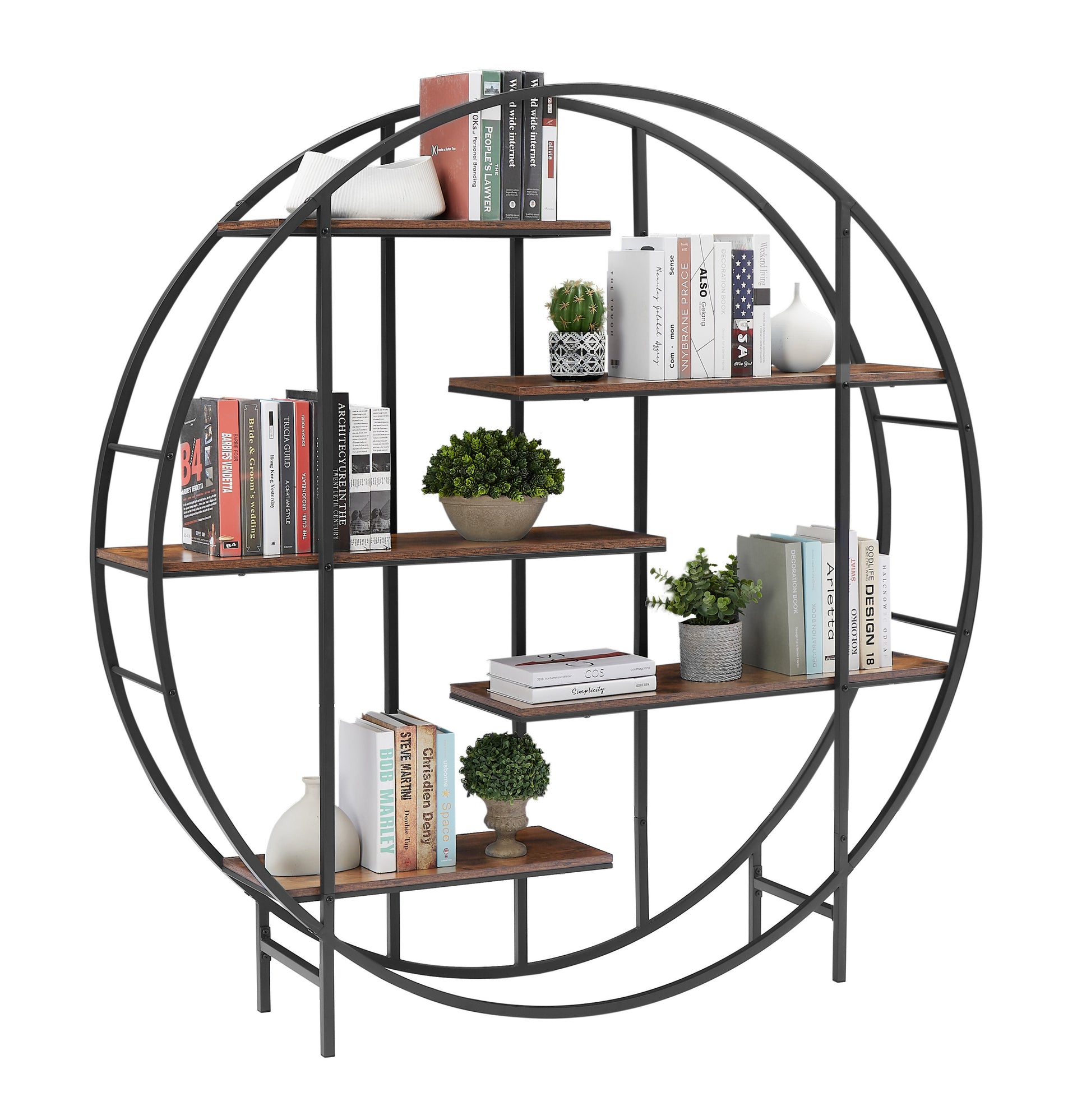 Round 5 Tier Metal Plant Stand Bookcase Storage Rack, Indoor Living Room Terrace Garden Balcony Display Stand. Rustic Brown, 67'' W X 11.8'' D X 67'' H. Rustic Brown Particle Board