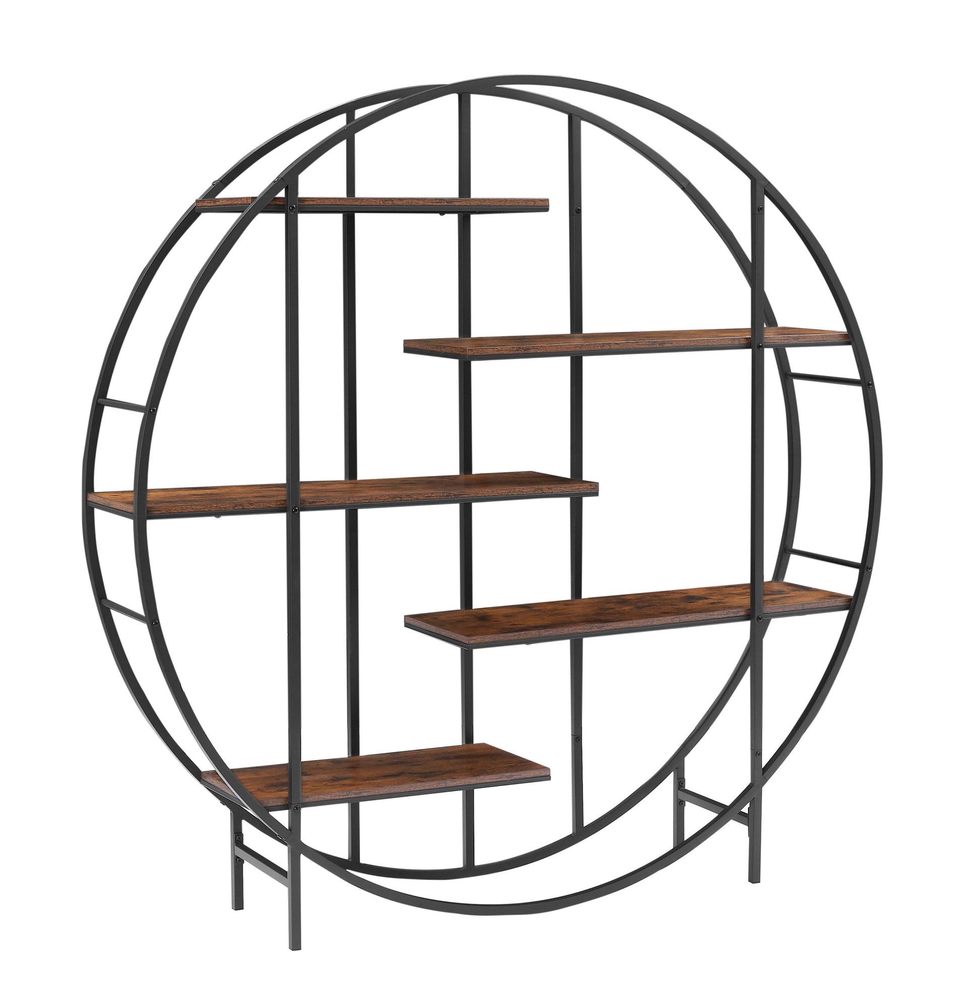 Round 5 Tier Metal Plant Stand Bookcase Storage Rack, Indoor Living Room Terrace Garden Balcony Display Stand. Rustic Brown, 67'' W X 11.8'' D X 67'' H. Rustic Brown Particle Board