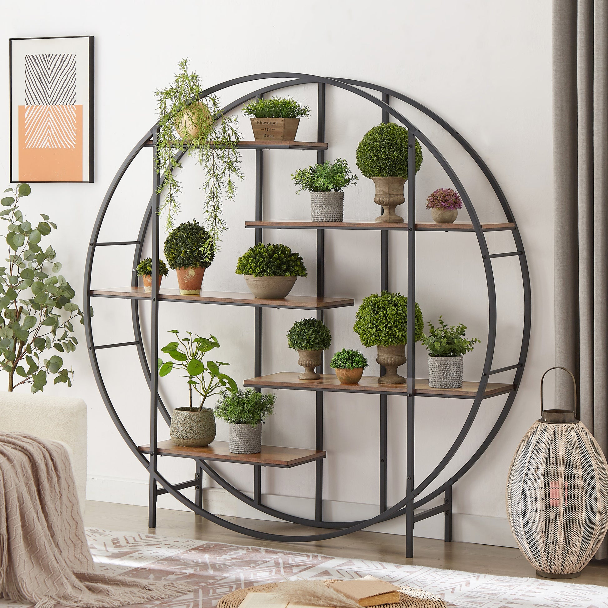 Round 5 Tier Metal Plant Stand Bookcase Storage Rack, Indoor Living Room Terrace Garden Balcony Display Stand. Rustic Brown, 67'' W X 11.8'' D X 67'' H. Rustic Brown Particle Board