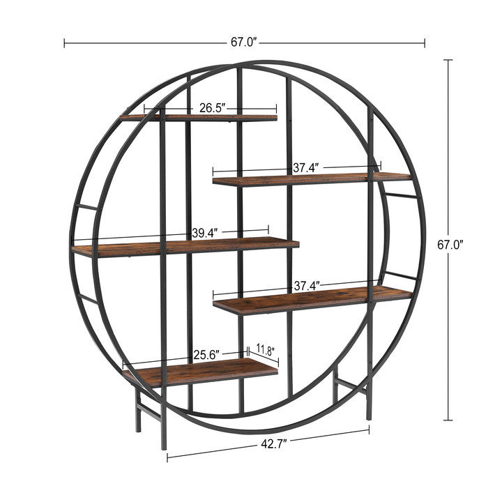 Round 5 Tier Metal Plant Stand Bookcase Storage Rack, Indoor Living Room Terrace Garden Balcony Display Stand. Rustic Brown, 67'' W X 11.8'' D X 67'' H. Rustic Brown Particle Board