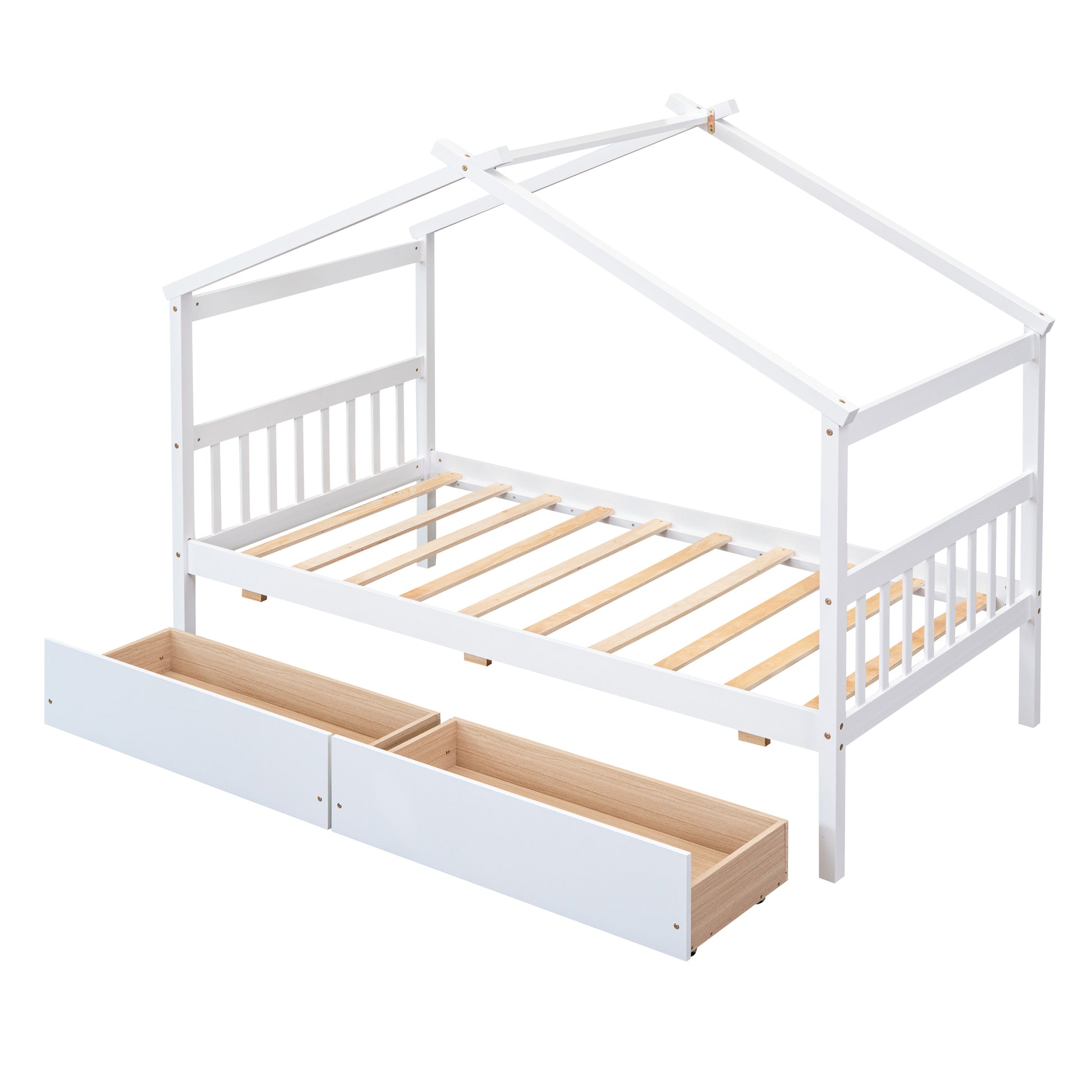 Twin Size Wooden House Bed With Drawers, White White Solid Wood Mdf