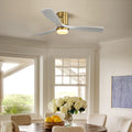 52 Inch Decorative Led Ceiling Fan With Dimmable Led Light 6 Speed Remote 3 Solid Wood Blades Reversible Dc Motor For Living Room Gold Metal & Wood