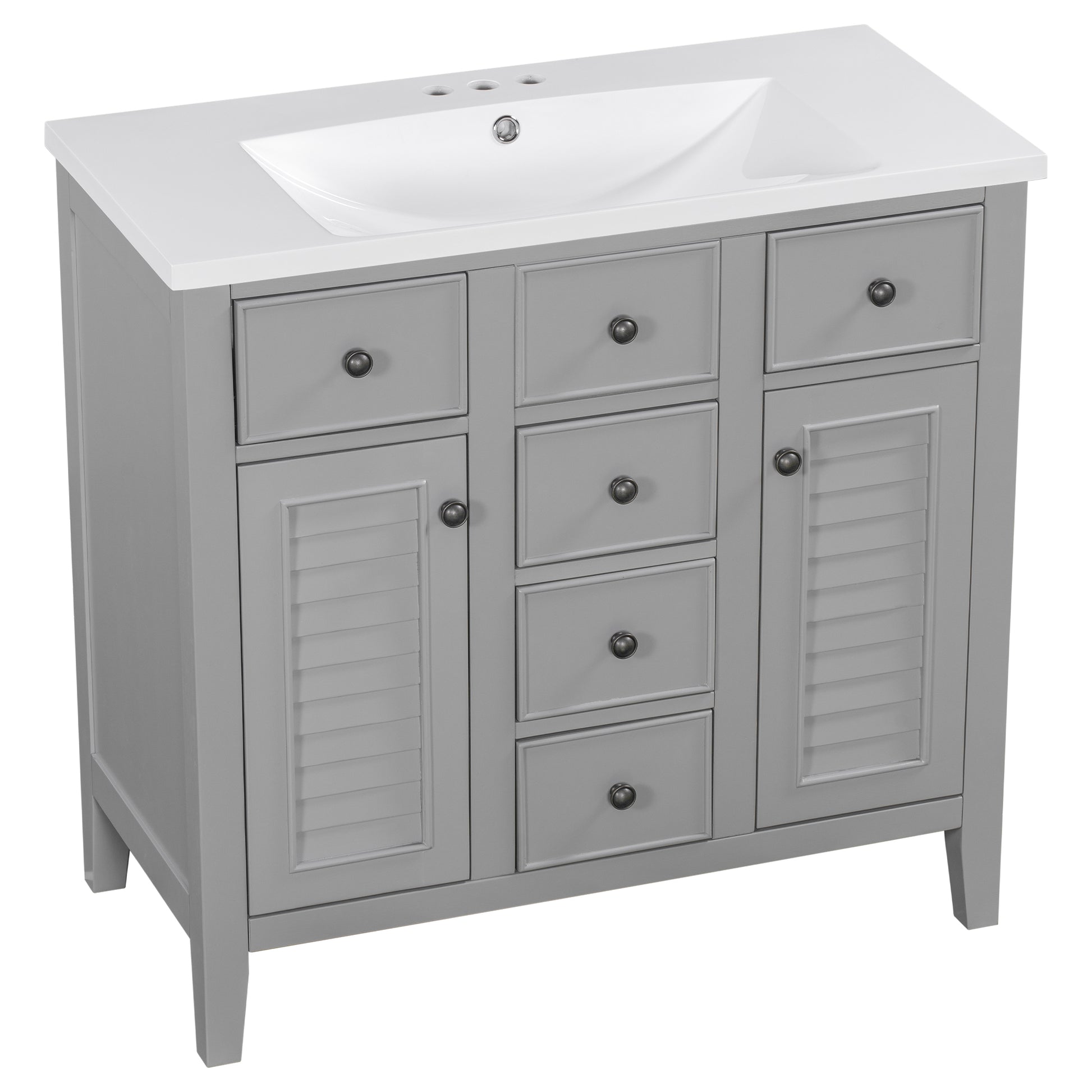 36" Bathroom Vanity With Ceramic Basin, Two Cabinets And Five Drawers, Solid Wood Frame, Grey Old Sku: Sy999202Aae 1 Grey Solid Wood Mdf