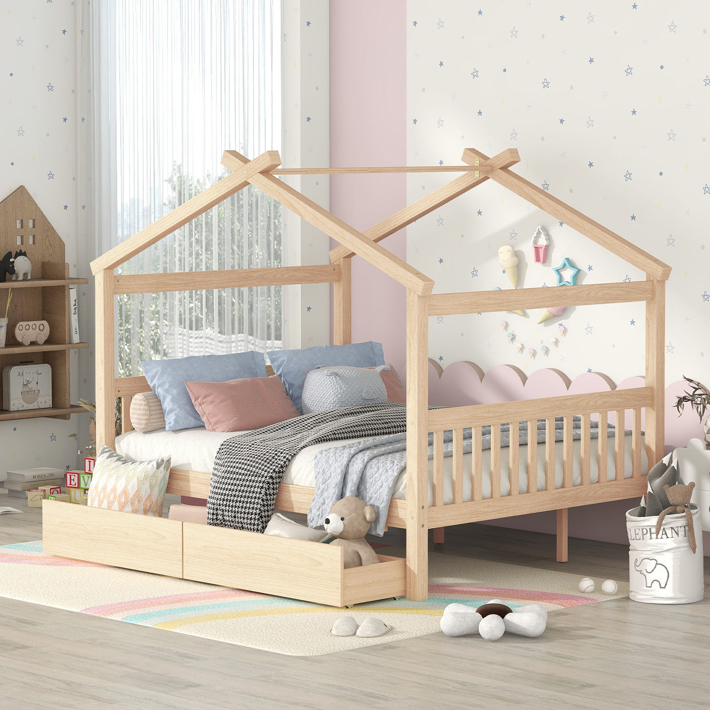 Full Size Wooden House Bed With Drawers, Natural Natural Solid Wood Mdf