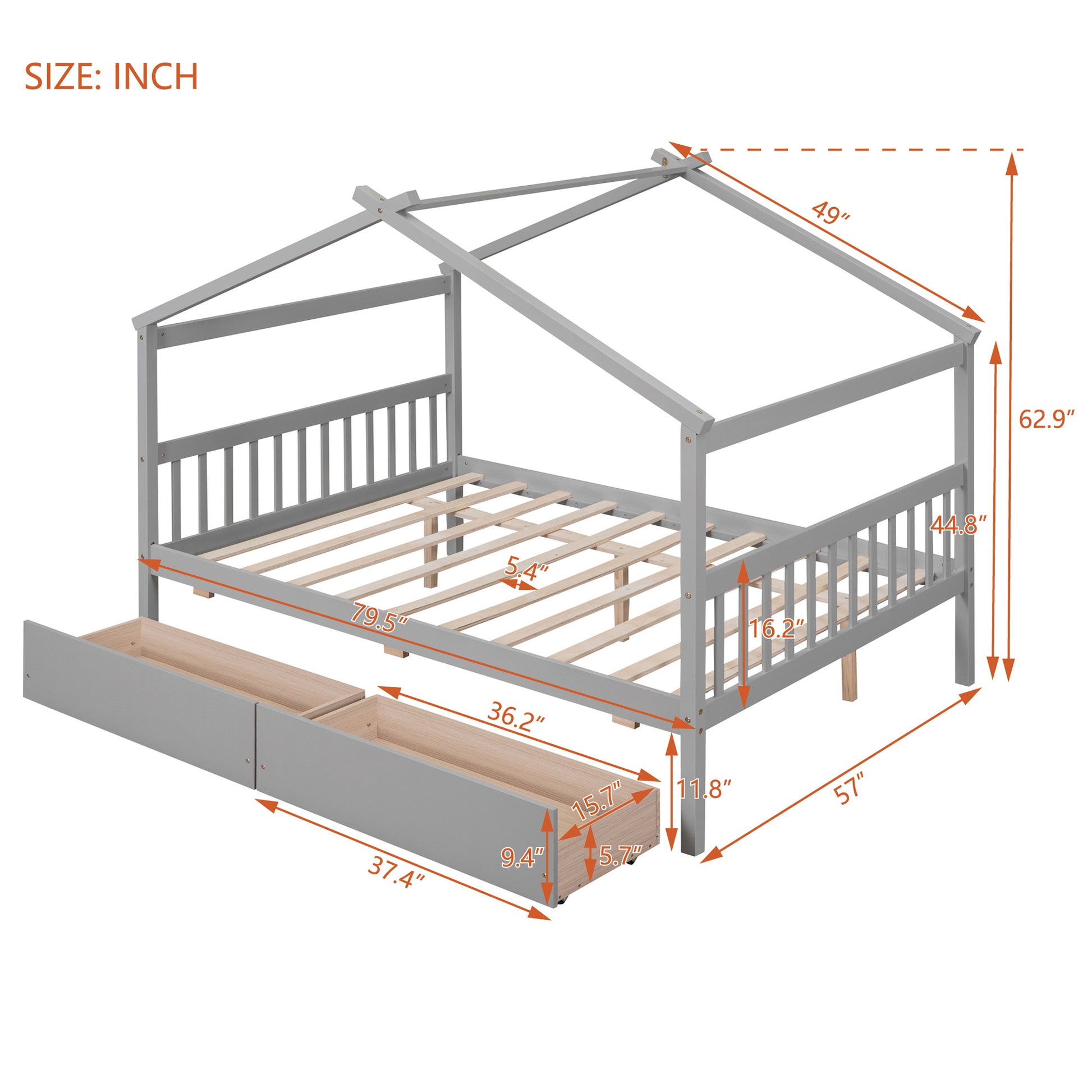 Full Size Wooden House Bed With Drawers, Gray Gray Solid Wood Mdf