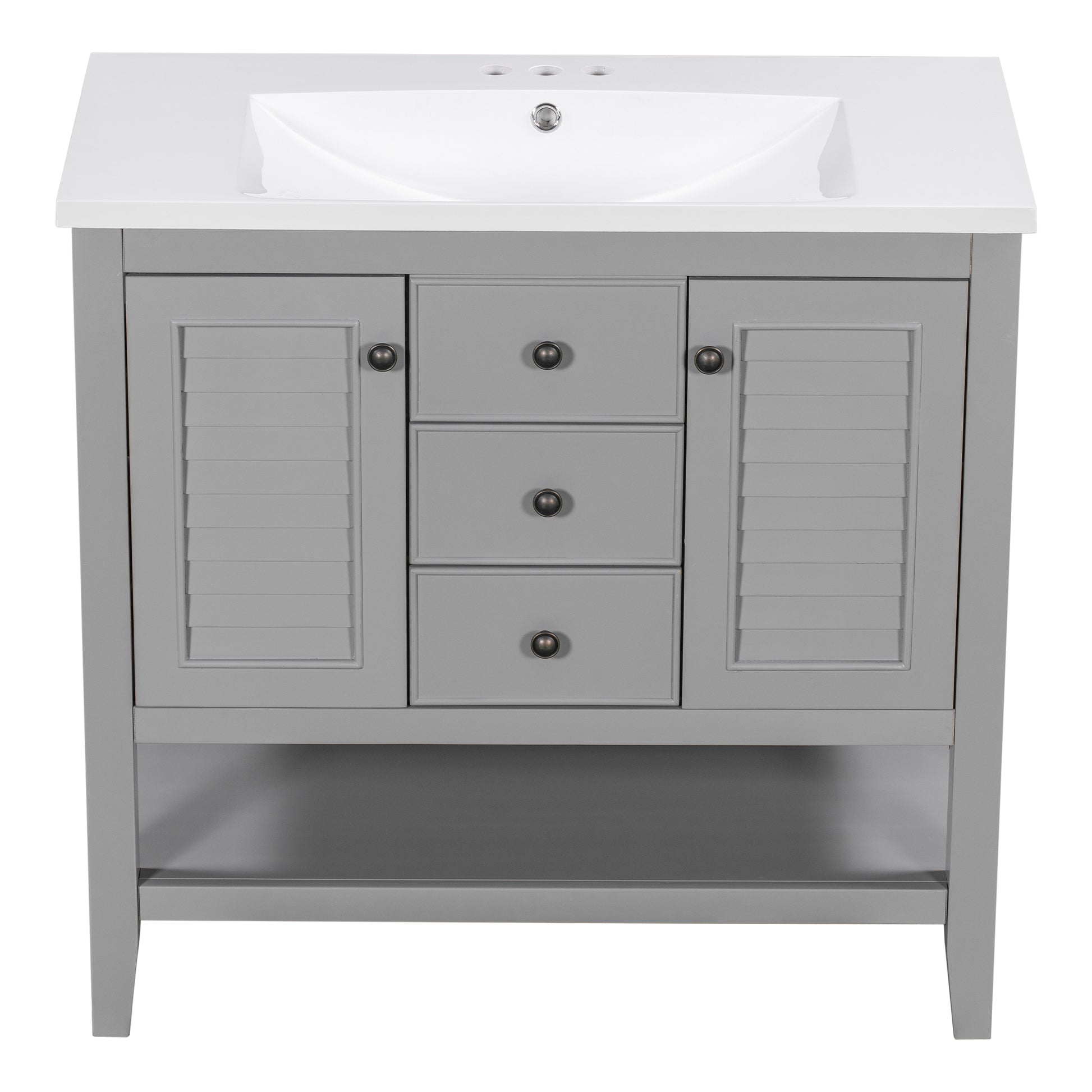 36" Bathroom Vanity With Ceramic Basin, Two Cabinets And Drawers, Open Shelf, Solid Wood Frame, Grey Old Sku: Sy999101Aae Grey Solid Wood Mdf