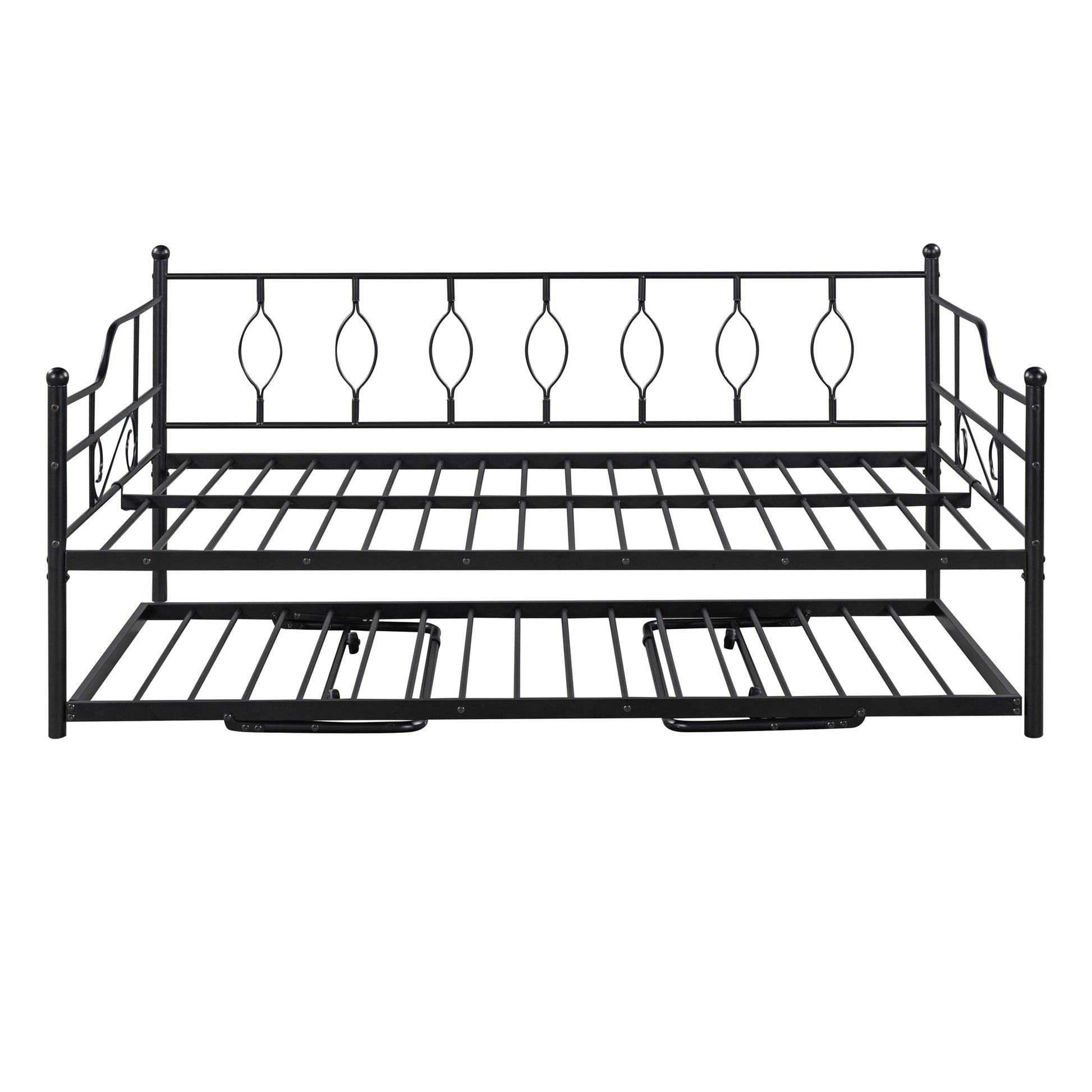 Full Size Metal Daybed With Twin Size Adjustable Trundle, Portable Folding Trundle, Black Old Sku:Mf293730Aab Black Steel