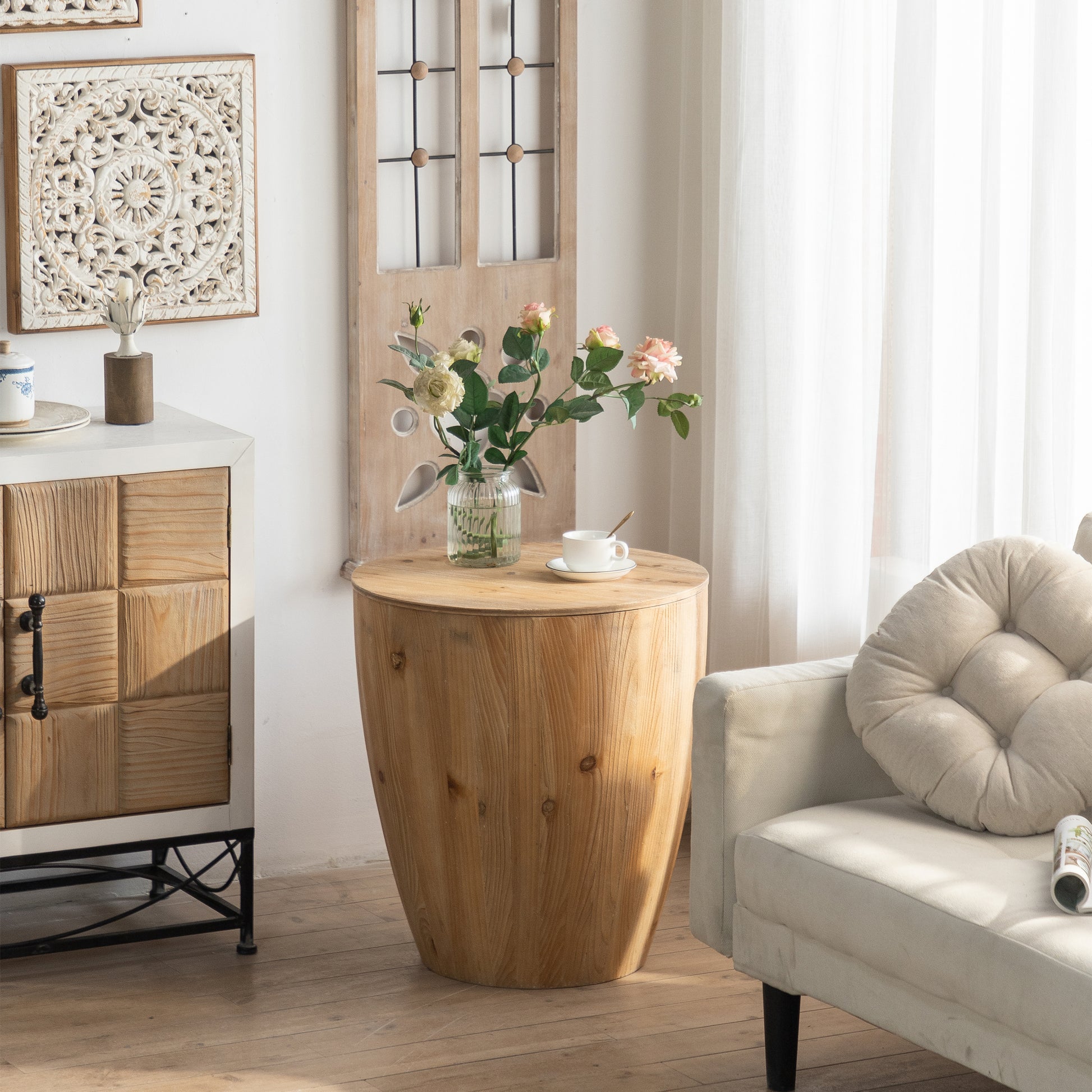 21.06"Vintage Style Bucket Shaped Coffee Table For Office, Dining Room And Living Room Natural Solid Wood Mdf