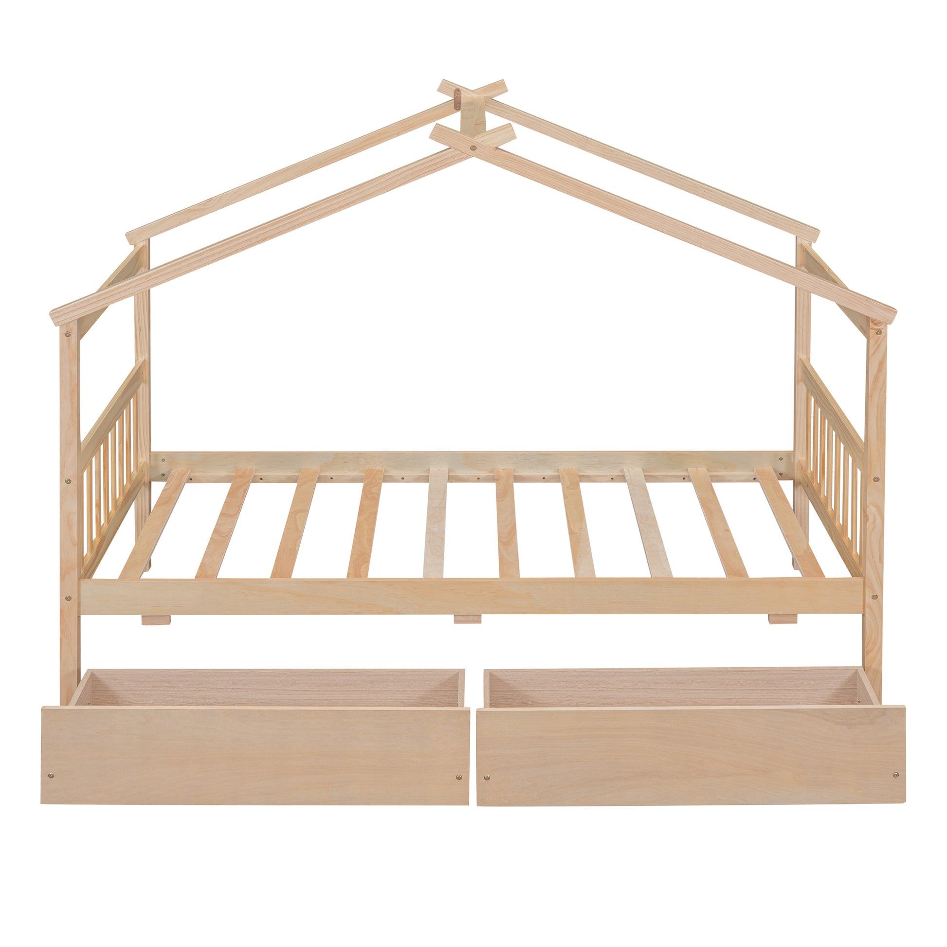 Twin Size Wooden House Bed With Drawers, Natural Natural Solid Wood Mdf