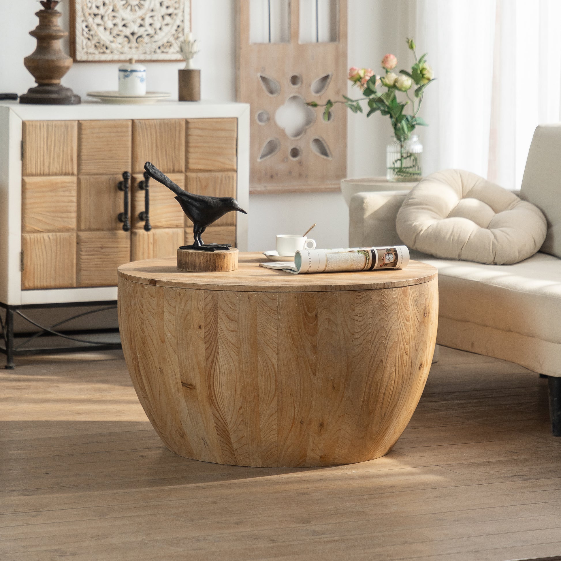 31.50"Vintage Style Bucket Shaped Coffee Table For Office, Dining Room And Living Room Same Sku:W757P170149 Natural Solid Wood Mdf