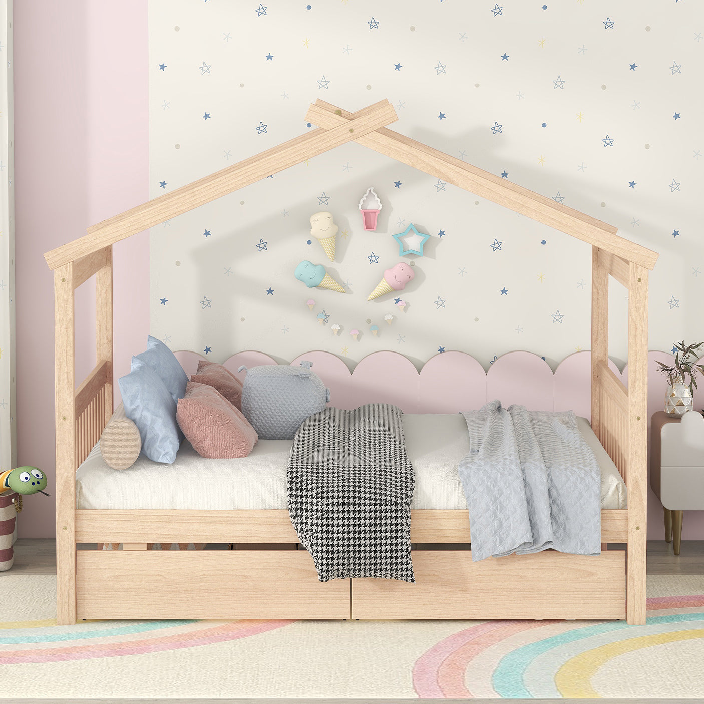 Full Size Wooden House Bed With Drawers, Natural Natural Solid Wood Mdf