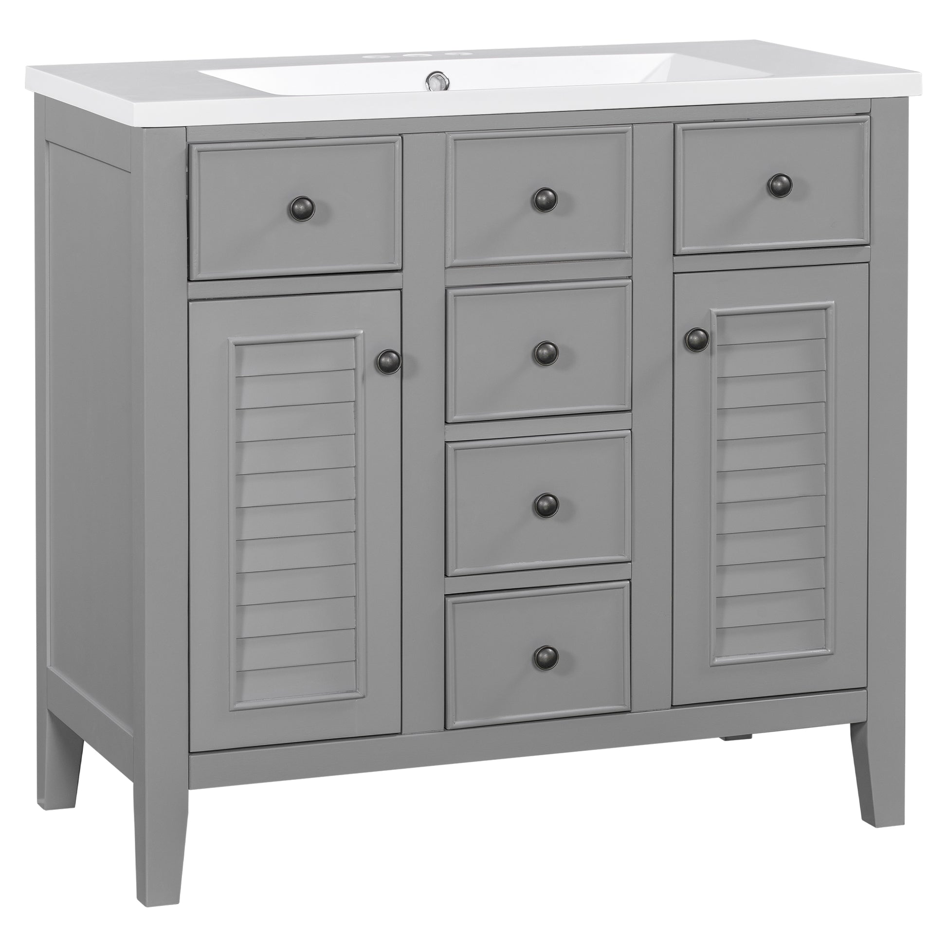 36" Bathroom Vanity With Ceramic Basin, Two Cabinets And Five Drawers, Solid Wood Frame, Grey Old Sku: Sy999202Aae 1 Grey Solid Wood Mdf