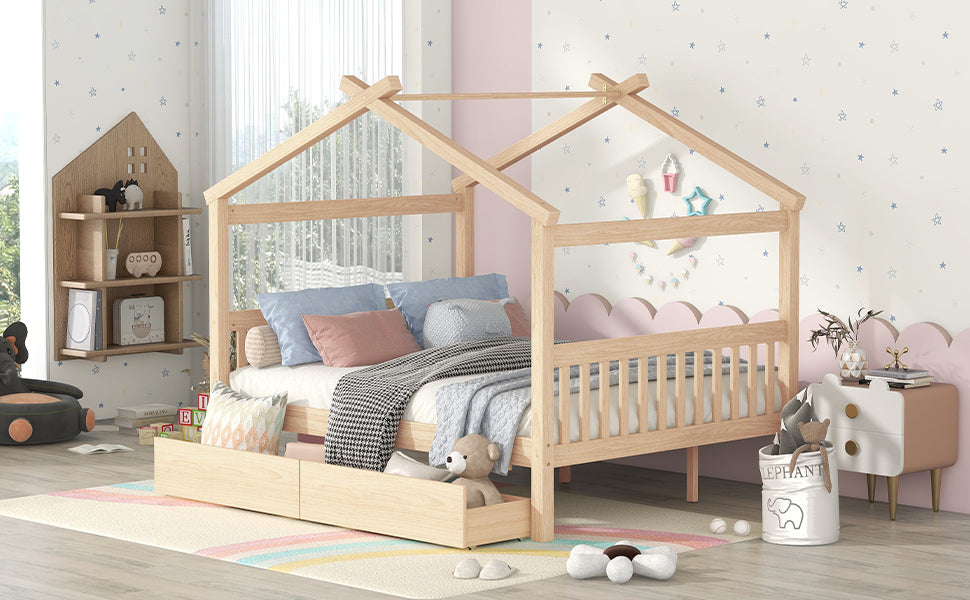 Full Size Wooden House Bed With Drawers, Natural Natural Solid Wood Mdf