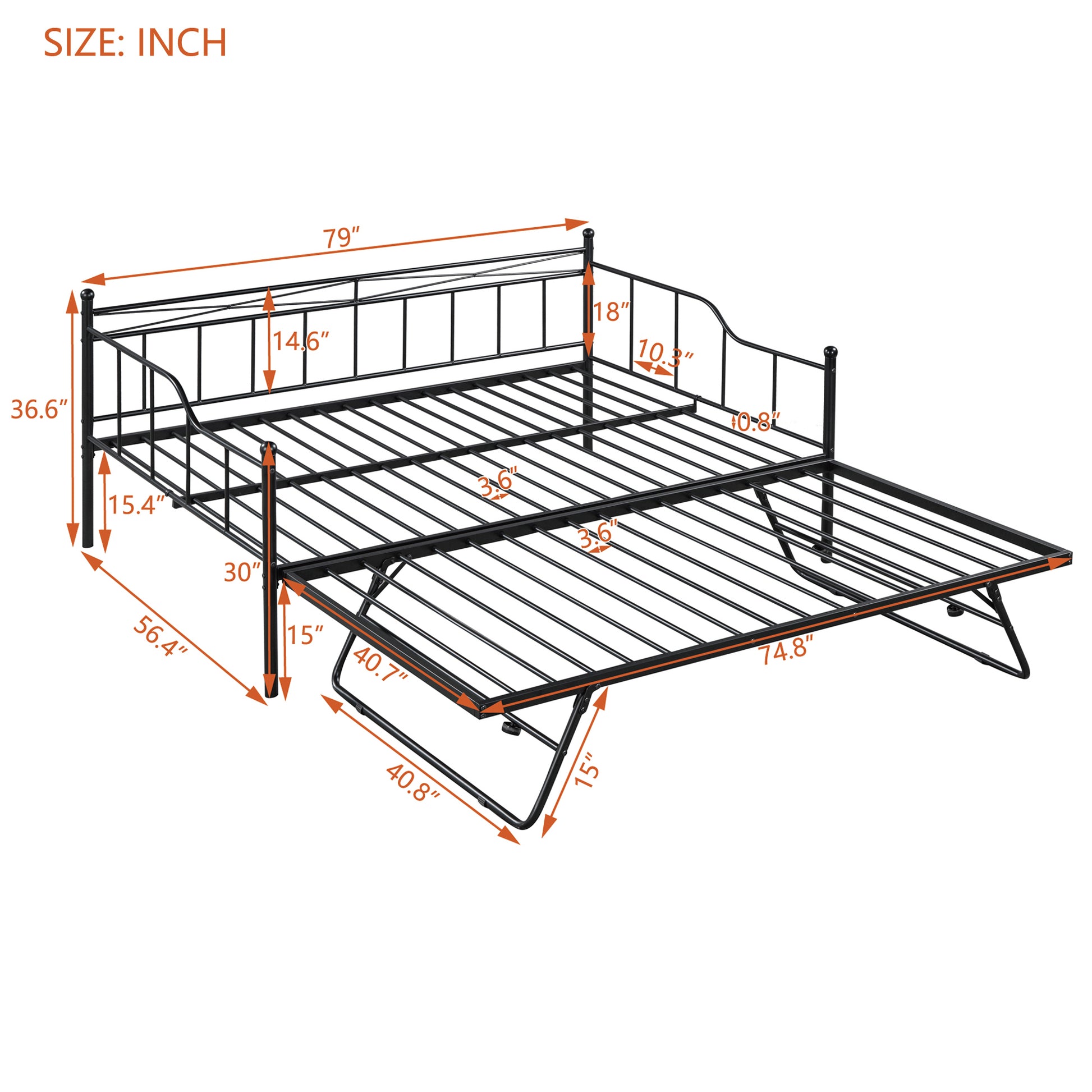 Full Size Metal Daybed With Twin Size Adjustable Trundle, Portable Folding Trundle, Black Old Sku:Mf293736Aab Black Steel