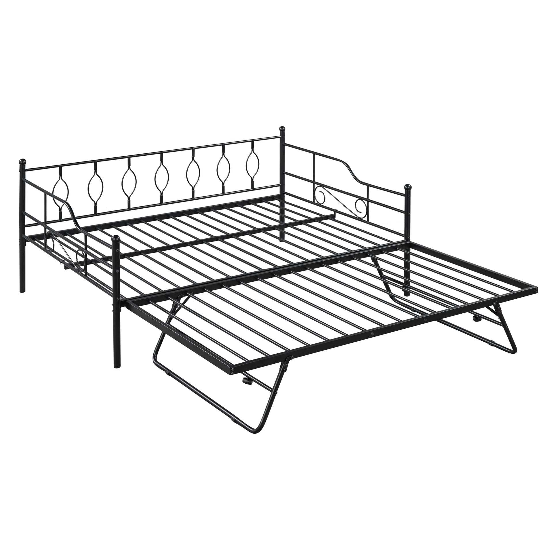 Full Size Metal Daybed With Twin Size Adjustable Trundle, Portable Folding Trundle, Black Old Sku:Mf293730Aab Black Steel