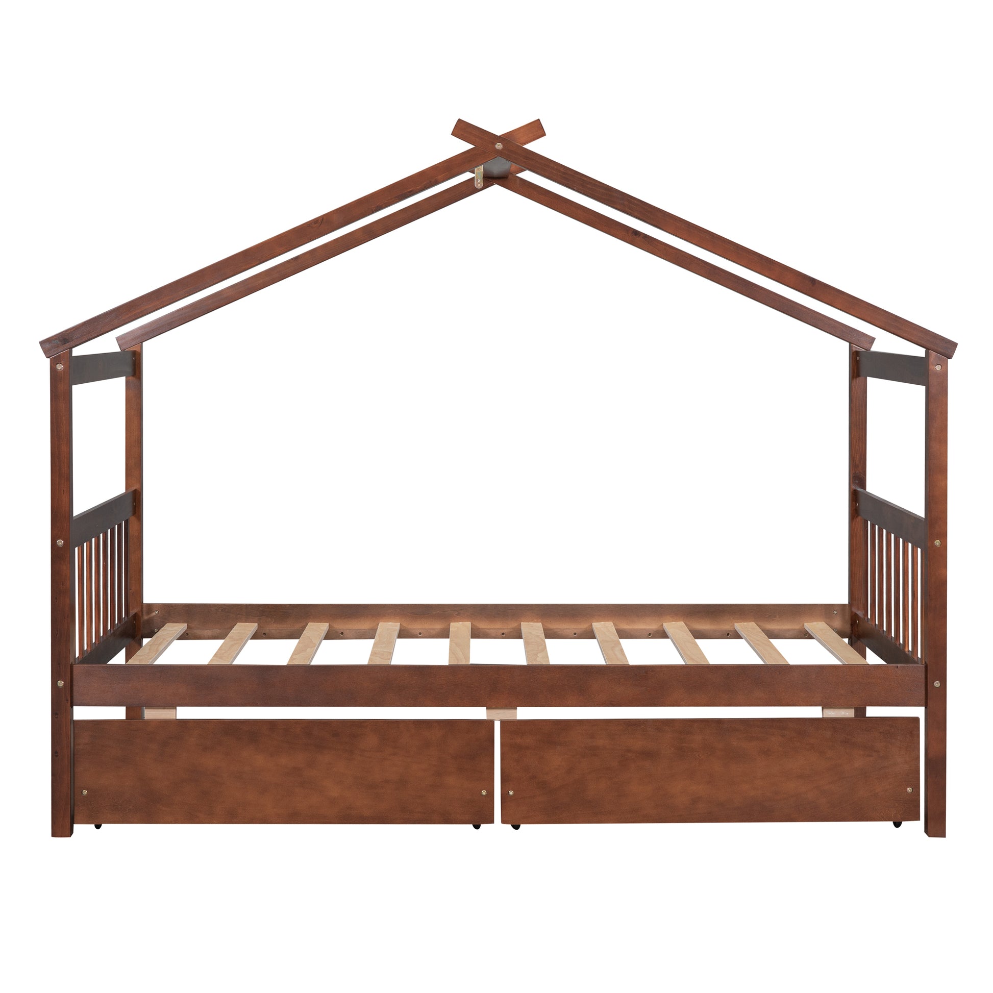 Twin Size Wooden House Bed With Drawers, Walnut Walnut Solid Wood Mdf