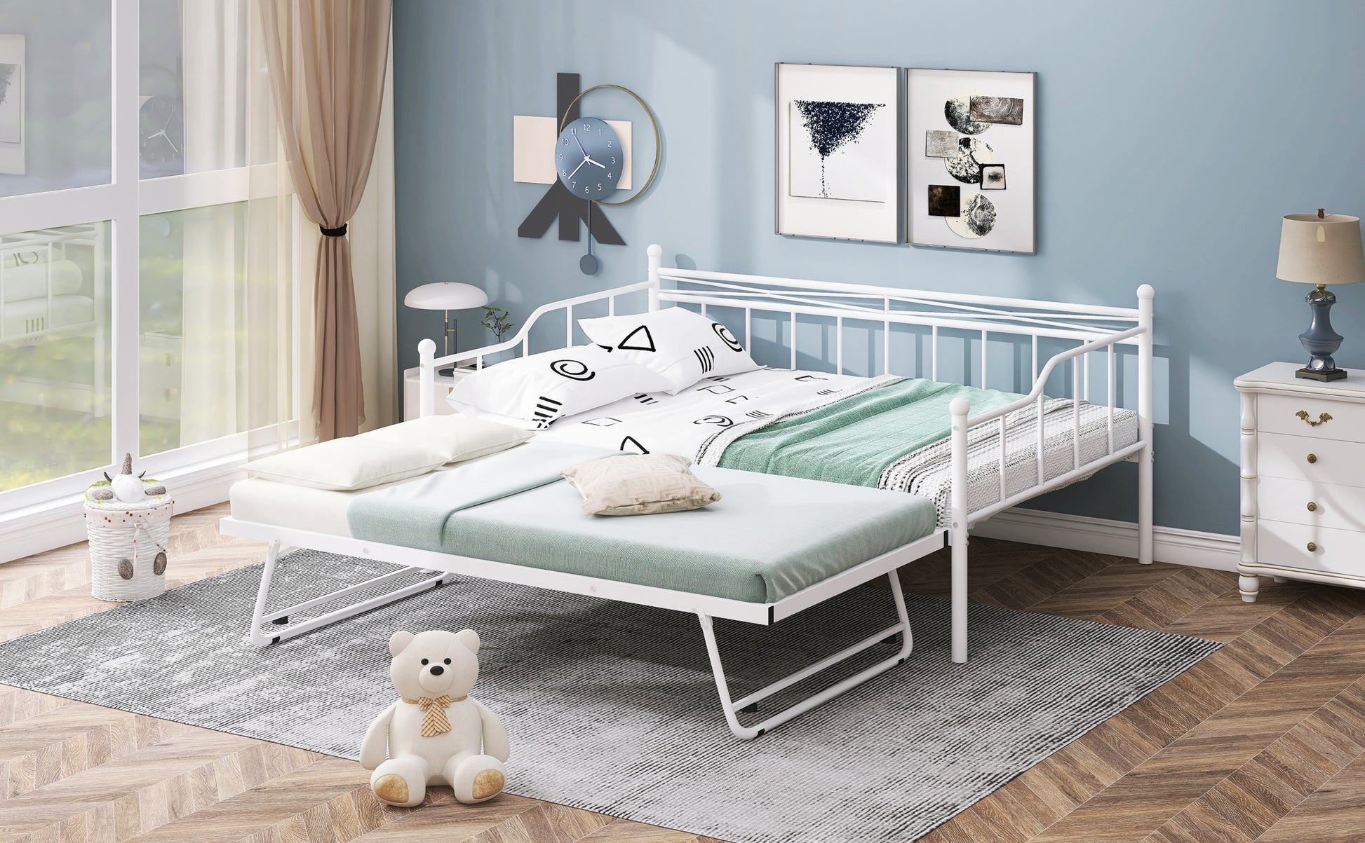 Full Size Metal Daybed With Twin Size Adjustable Trundle, Portable Folding Trundle, White Old Sku:Mf293736Aak White Steel