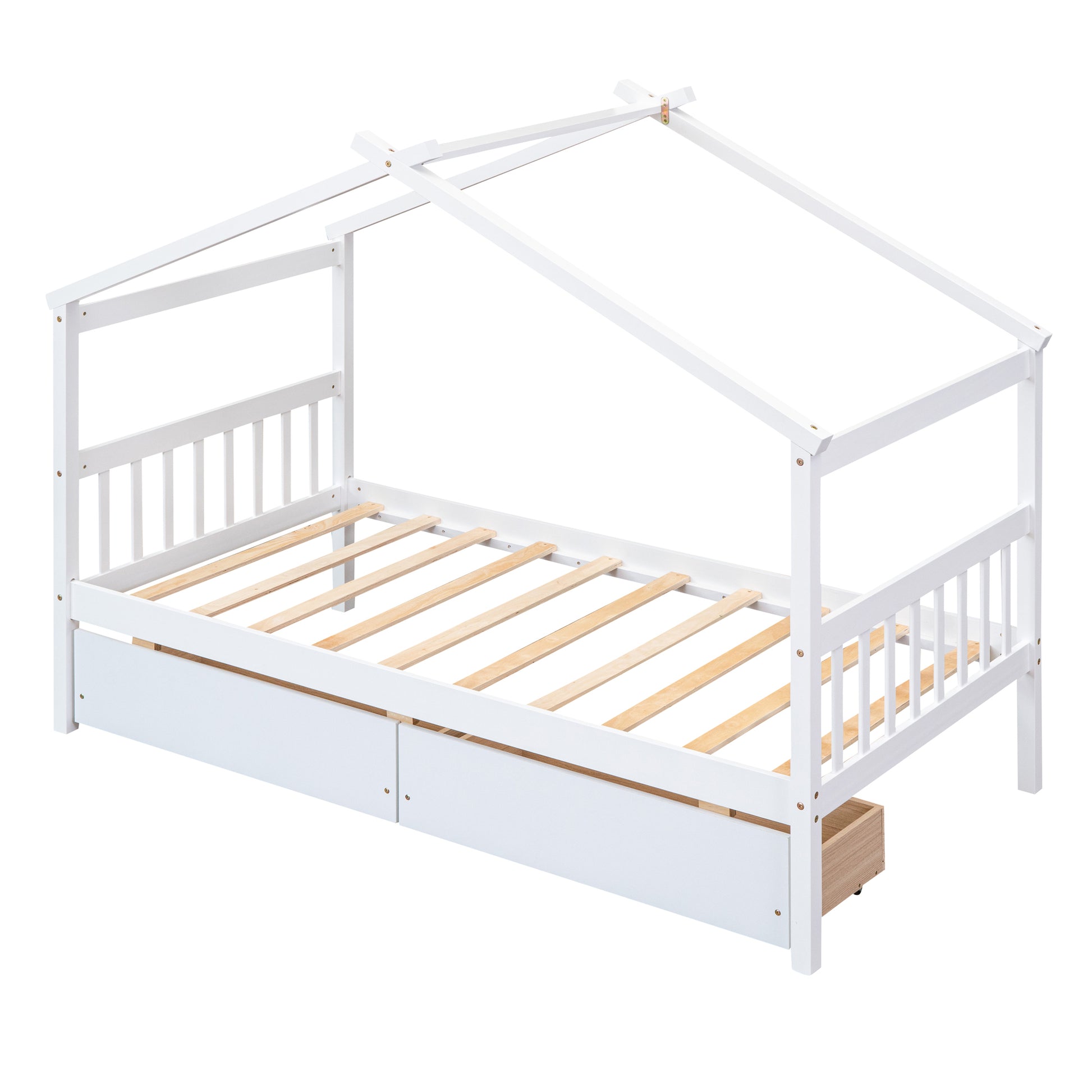 Twin Size Wooden House Bed With Drawers, White White Solid Wood Mdf