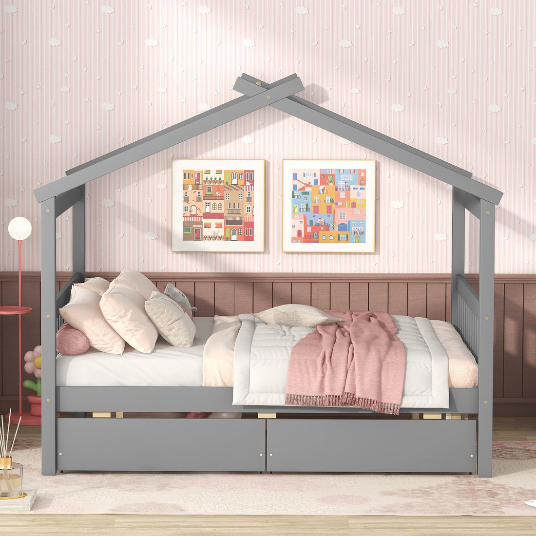 Full Size Wooden House Bed With Drawers, Gray Gray Solid Wood Mdf
