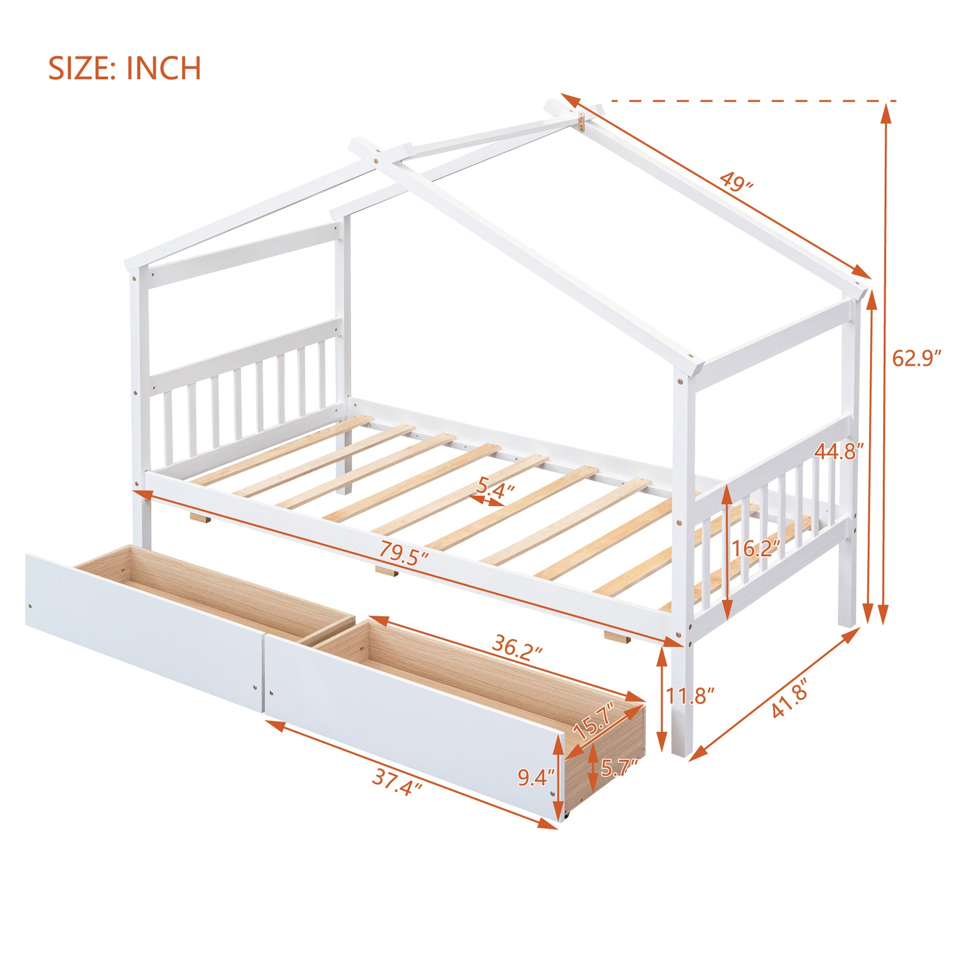 Twin Size Wooden House Bed With Drawers, White White Solid Wood Mdf