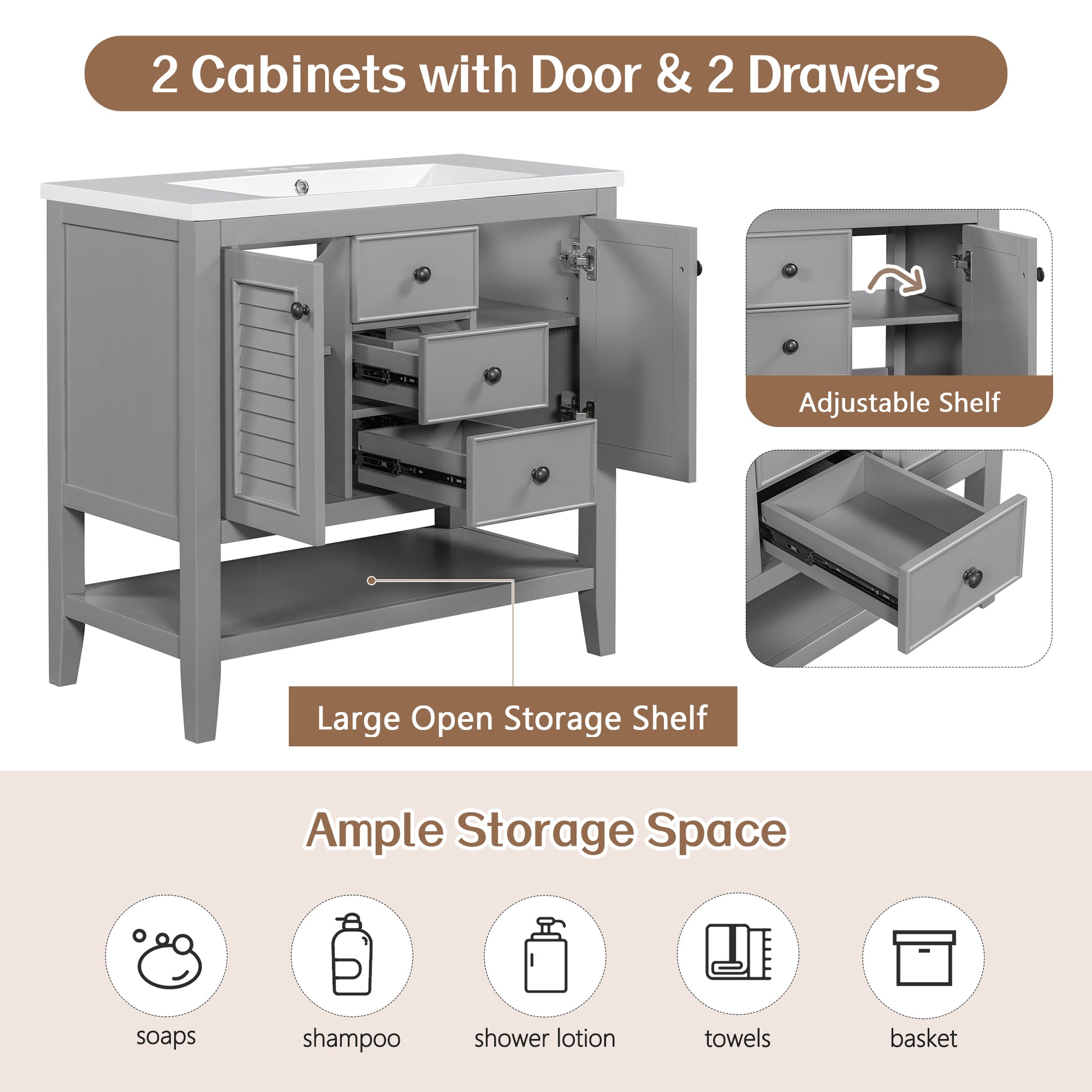 36" Bathroom Vanity With Ceramic Basin, Two Cabinets And Drawers, Open Shelf, Solid Wood Frame, Grey Old Sku: Sy999101Aae Grey Solid Wood Mdf