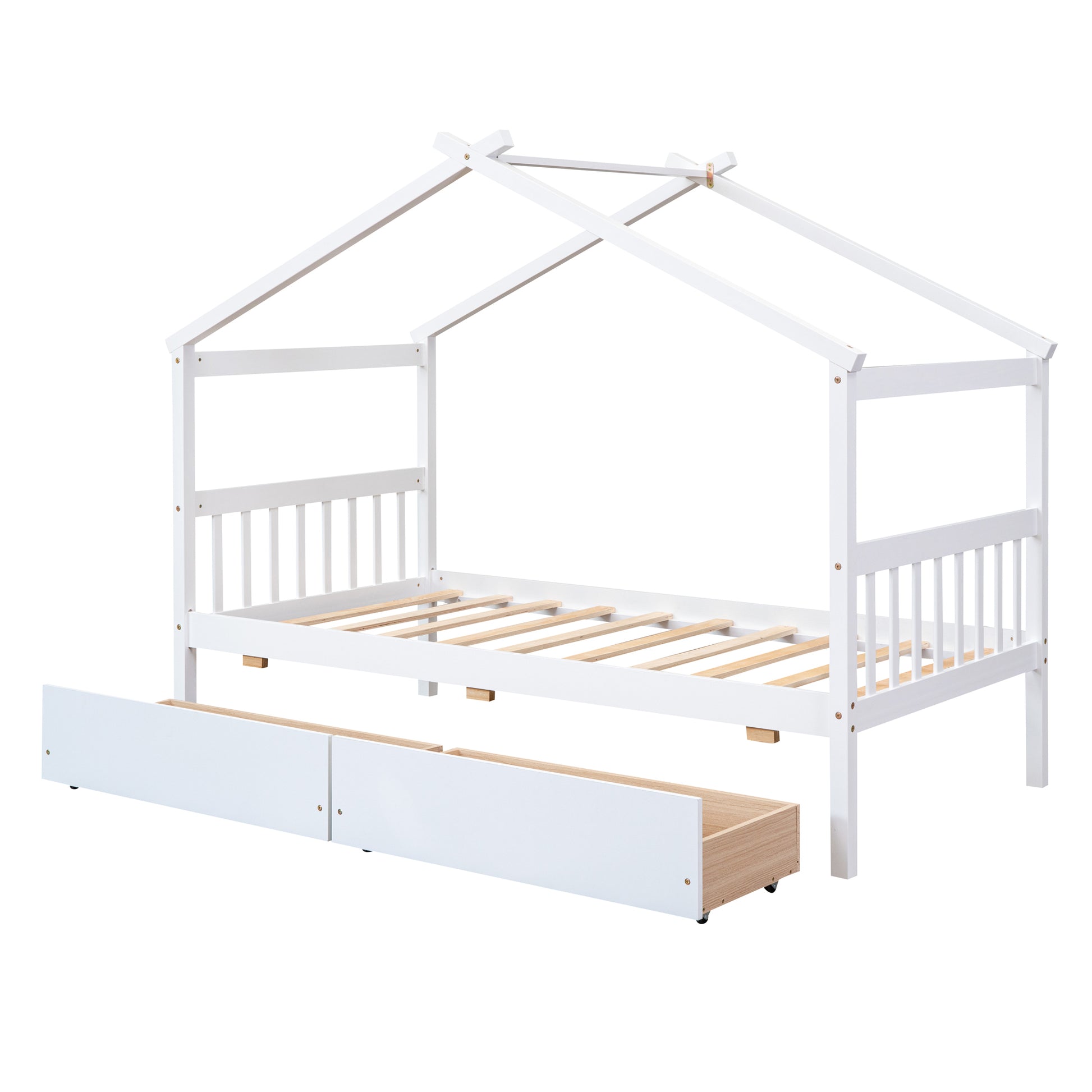 Twin Size Wooden House Bed With Drawers, White White Solid Wood Mdf