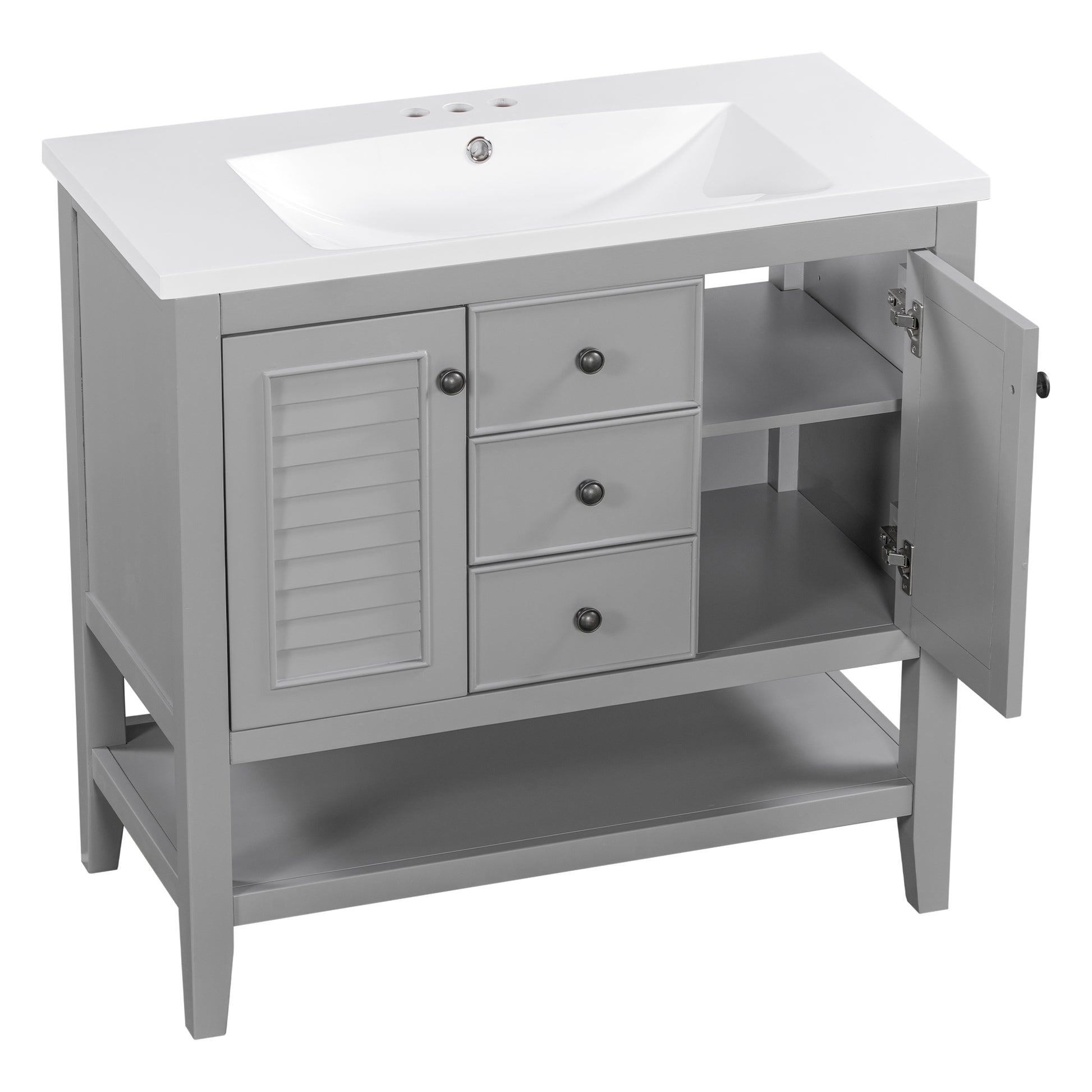 36" Bathroom Vanity With Ceramic Basin, Two Cabinets And Drawers, Open Shelf, Solid Wood Frame, Grey Old Sku: Sy999101Aae Grey Solid Wood Mdf