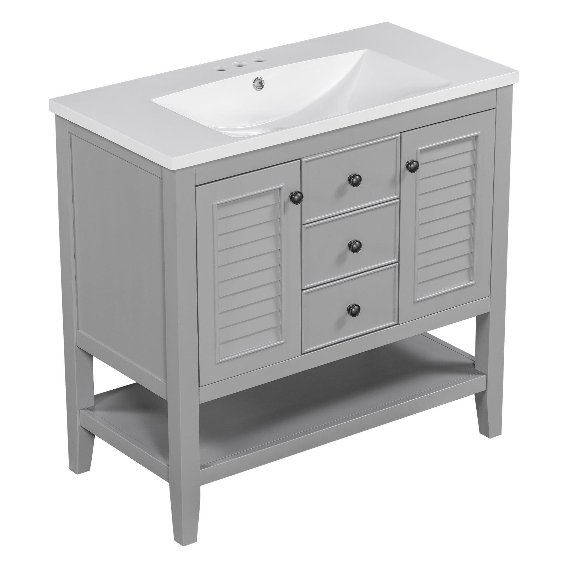 36" Bathroom Vanity With Ceramic Basin, Two Cabinets And Drawers, Open Shelf, Solid Wood Frame, Grey Old Sku: Sy999101Aae Grey Solid Wood Mdf