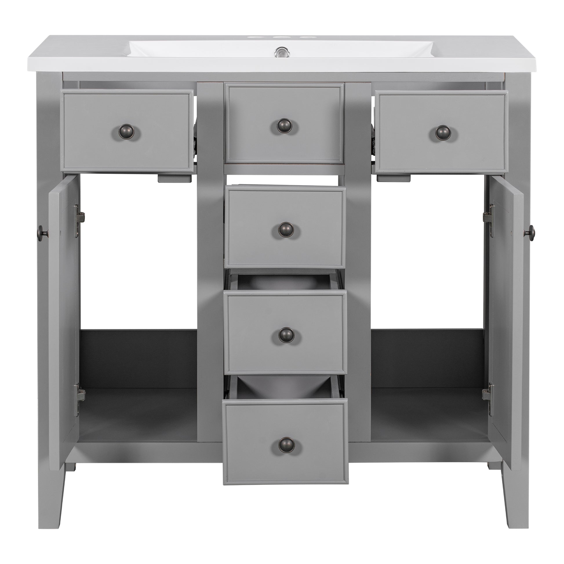 36" Bathroom Vanity With Ceramic Basin, Two Cabinets And Five Drawers, Solid Wood Frame, Grey Old Sku: Sy999202Aae 1 Grey Solid Wood Mdf