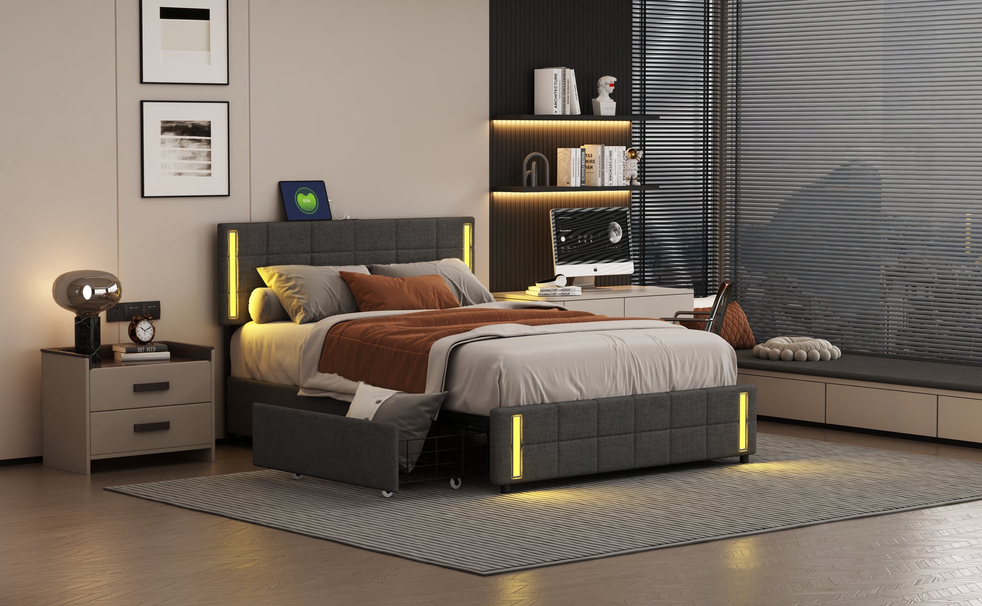 Queen Size Upholstered Platform Bed With Led Lights And Usb Charging, Storage Bed With 4 Drawers, Gray Linen Gray Linen