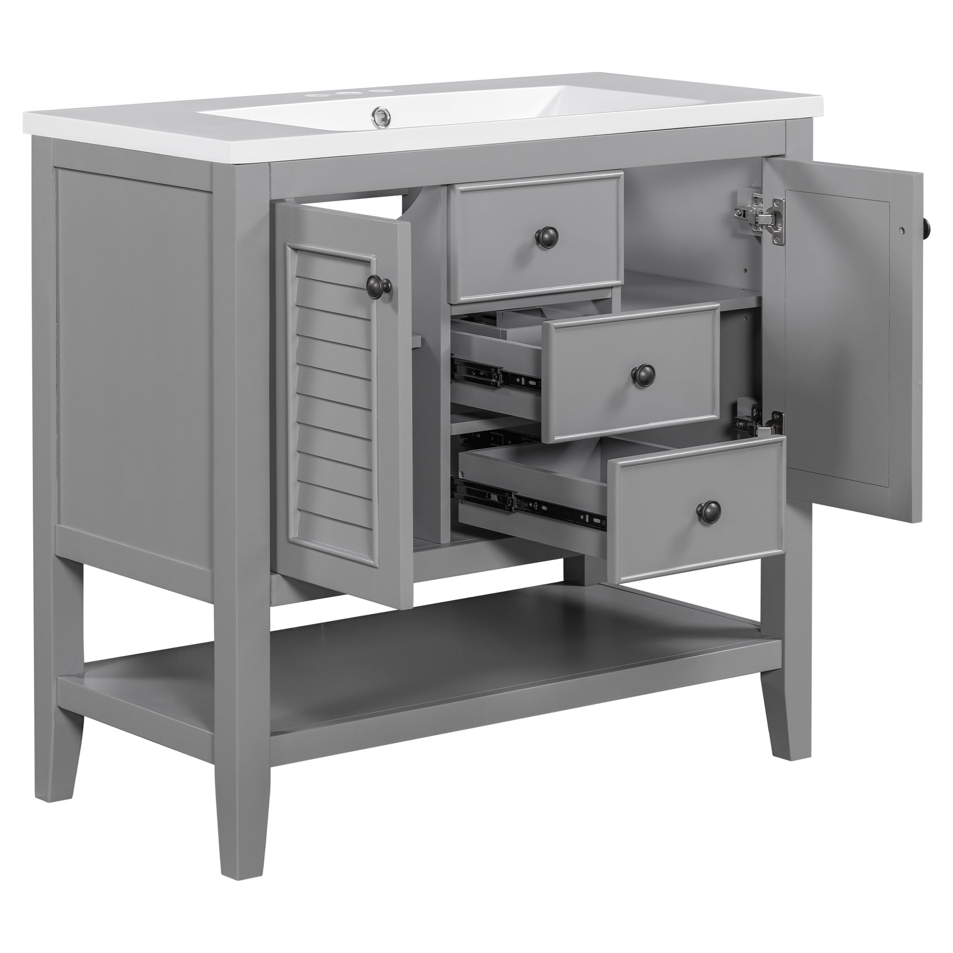 36" Bathroom Vanity With Ceramic Basin, Two Cabinets And Drawers, Open Shelf, Solid Wood Frame, Grey Old Sku: Sy999101Aae 1 Grey Solid Wood Mdf