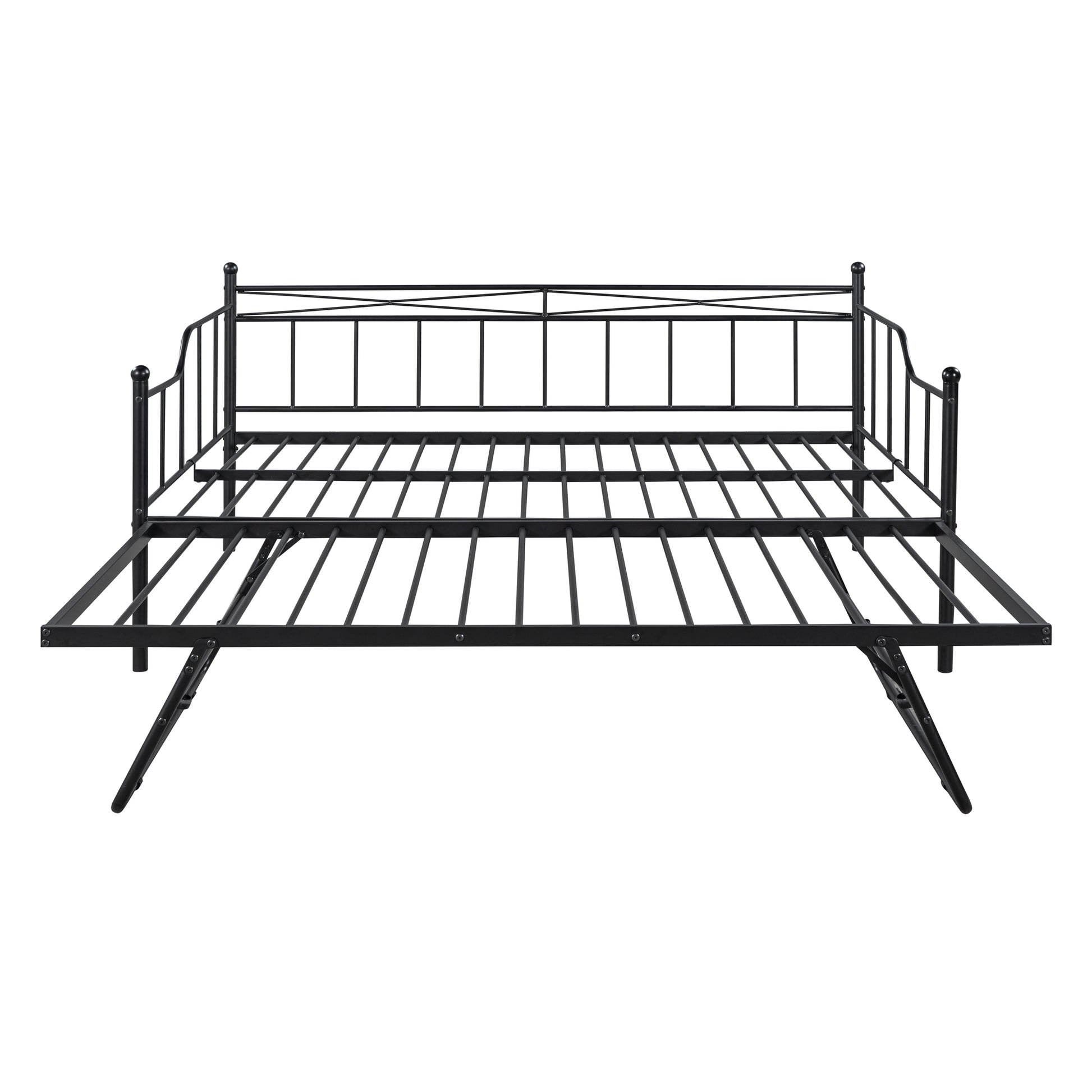 Full Size Metal Daybed With Twin Size Adjustable Trundle, Portable Folding Trundle, Black Old Sku:Mf293736Aab Black Steel