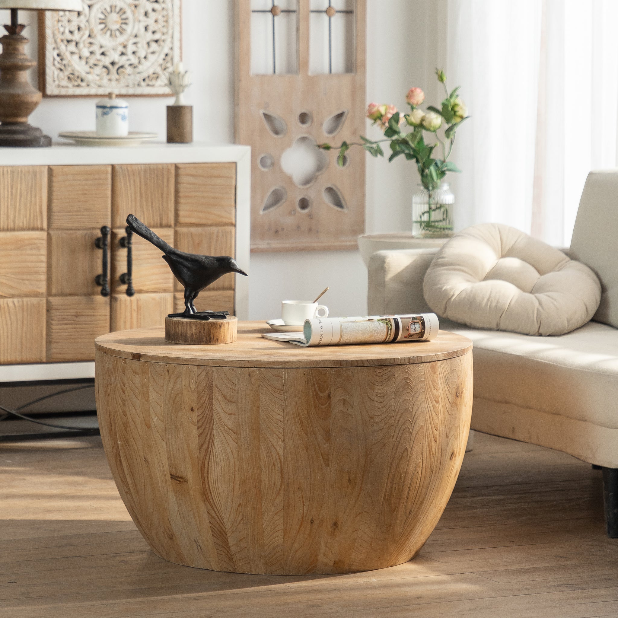 31.50"Vintage Style Bucket Shaped Coffee Table For Office, Dining Room And Living Room Same Sku:W757P170149 Natural Solid Wood Mdf