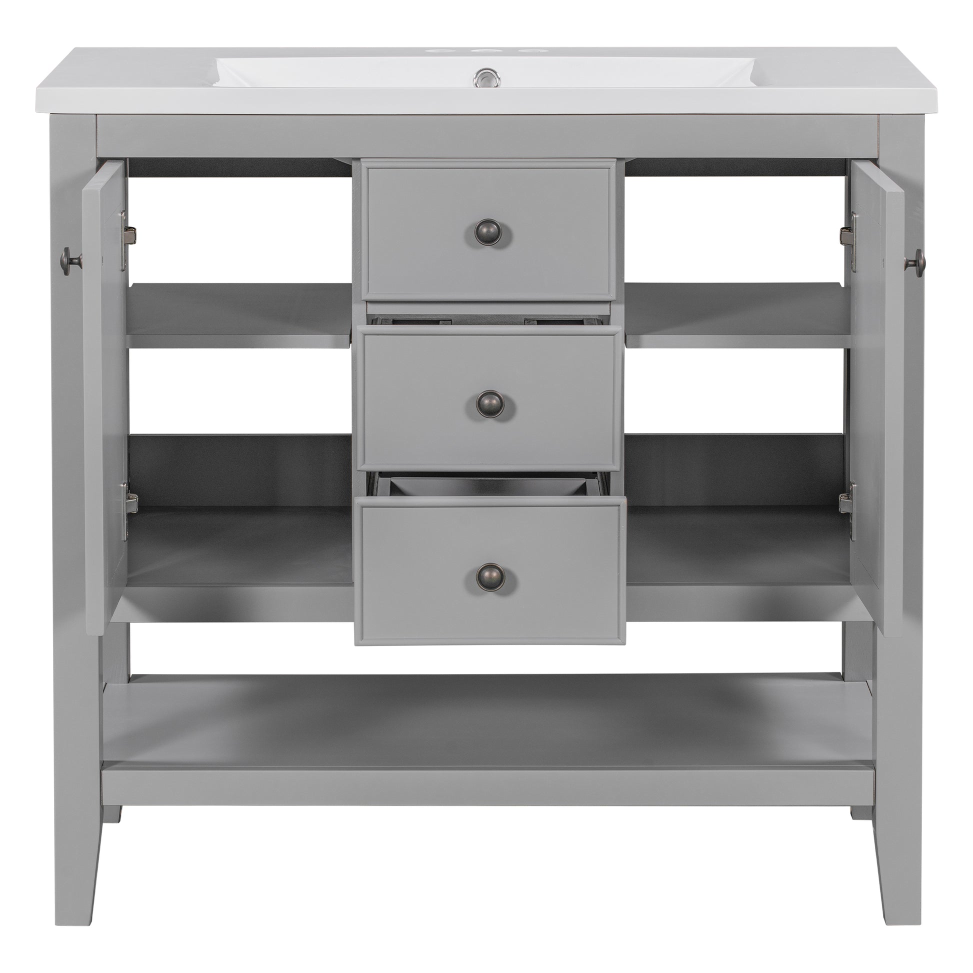 36" Bathroom Vanity With Ceramic Basin, Two Cabinets And Drawers, Open Shelf, Solid Wood Frame, Grey Old Sku: Sy999101Aae Grey Solid Wood Mdf