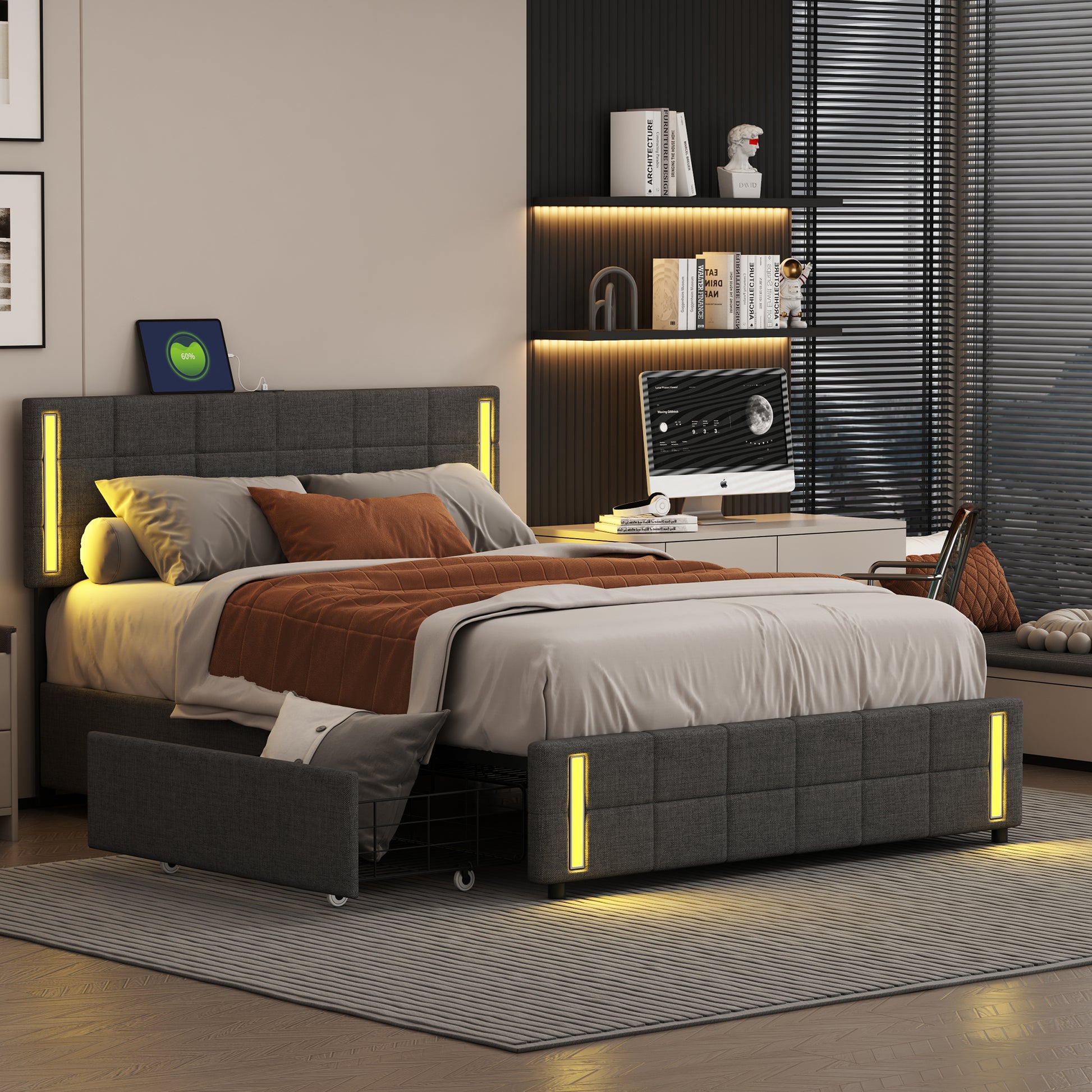 Queen Size Upholstered Platform Bed With Led Lights And Usb Charging, Storage Bed With 4 Drawers, Gray Linen Gray Linen