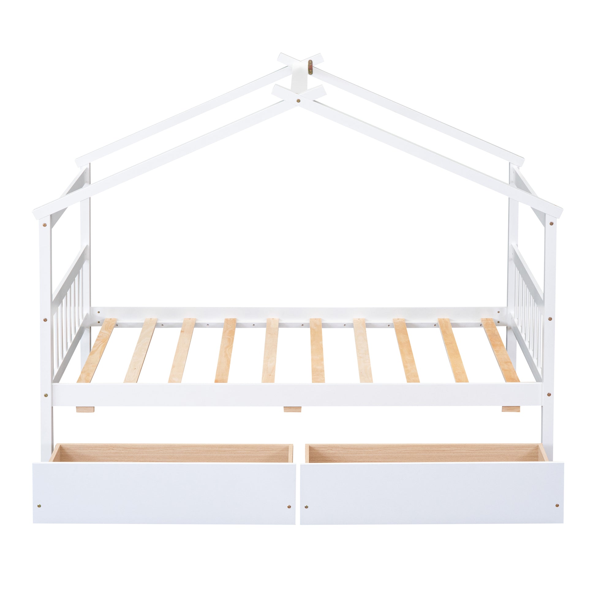 Twin Size Wooden House Bed With Drawers, White White Solid Wood Mdf