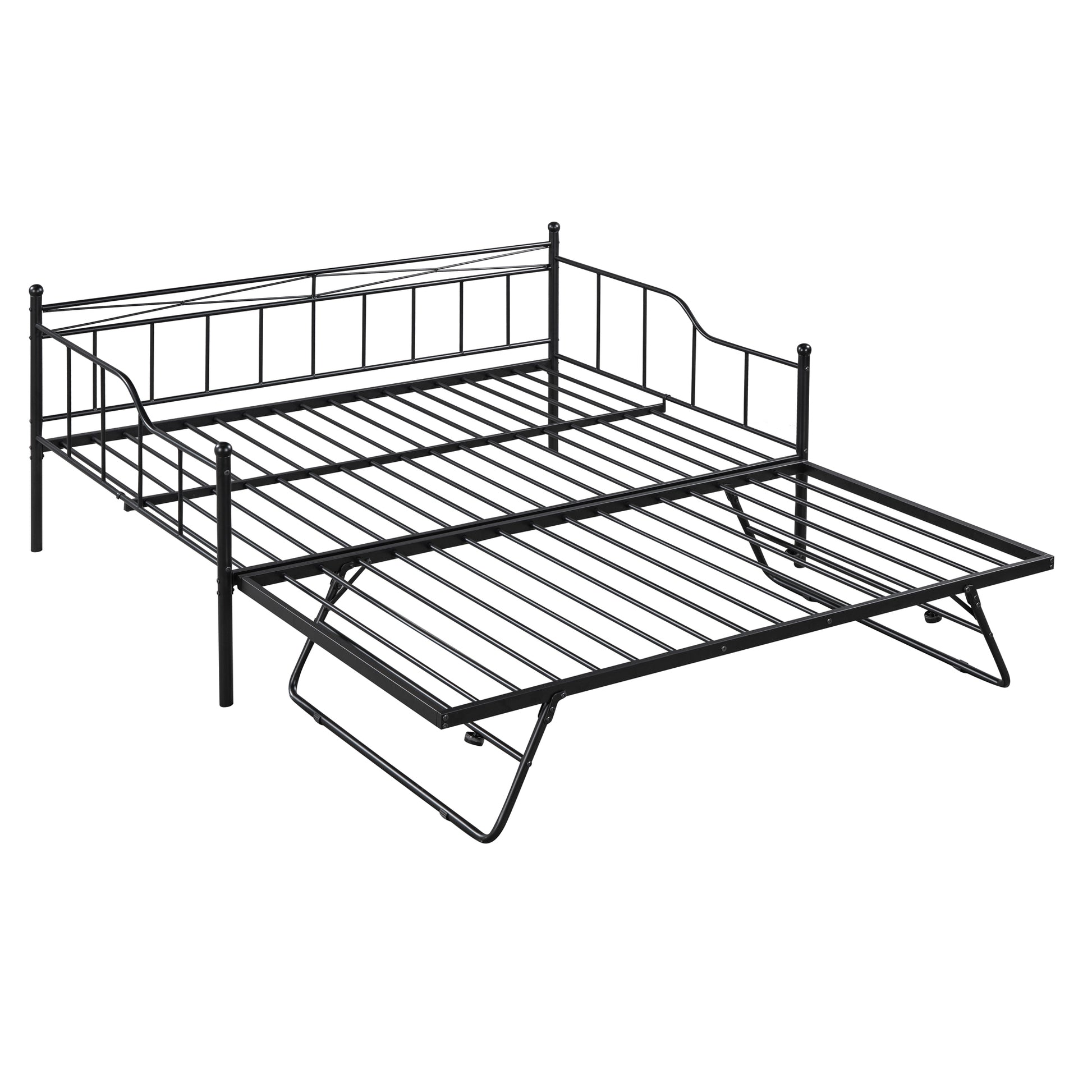 Full Size Metal Daybed With Twin Size Adjustable Trundle, Portable Folding Trundle, Black Old Sku:Mf293736Aab Black Steel