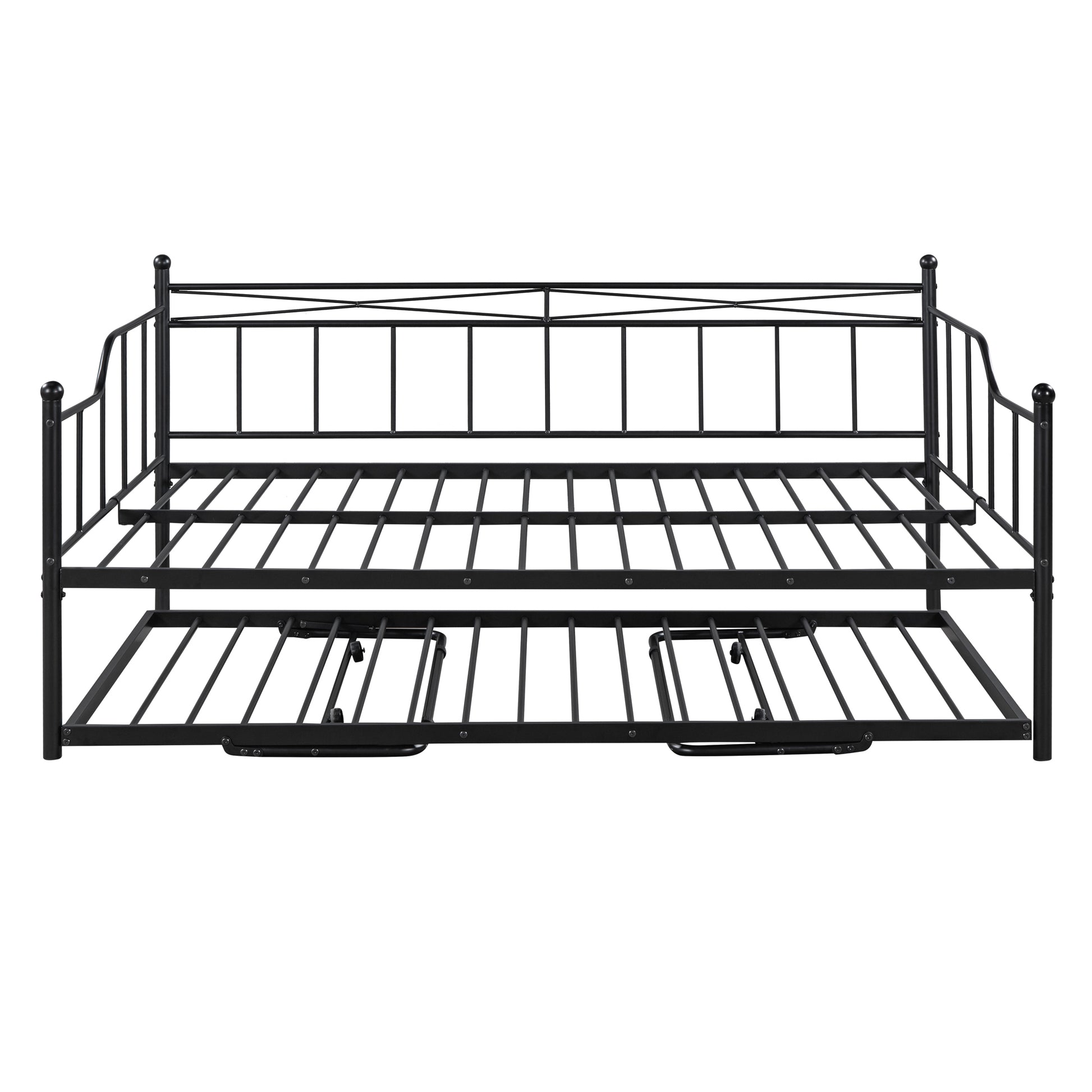 Full Size Metal Daybed With Twin Size Adjustable Trundle, Portable Folding Trundle, Black Old Sku:Mf293736Aab Black Steel