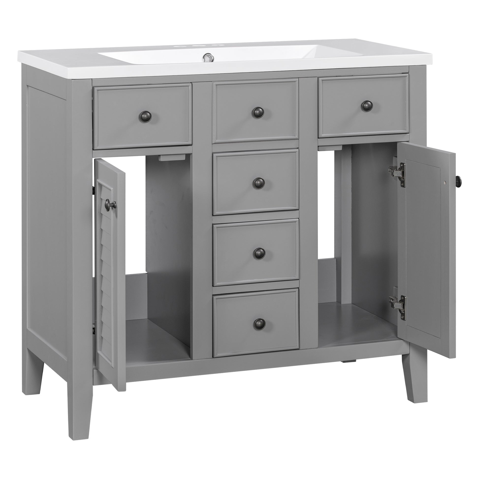 36" Bathroom Vanity With Ceramic Basin, Two Cabinets And Five Drawers, Solid Wood Frame, Grey Old Sku: Sy999202Aae Grey Solid Wood Mdf