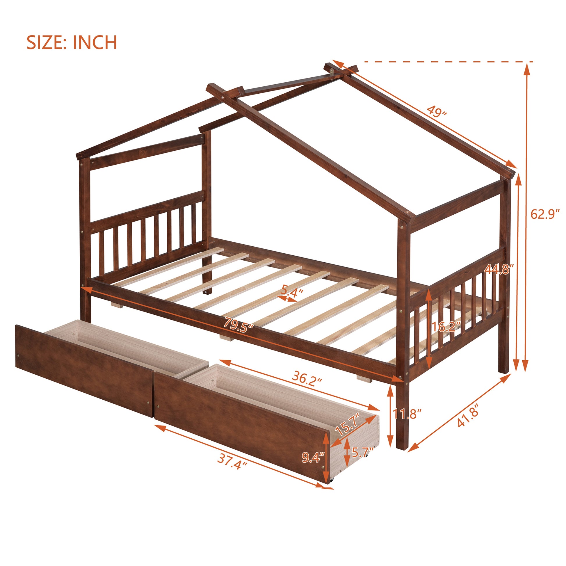 Twin Size Wooden House Bed With Drawers, Walnut Walnut Solid Wood Mdf