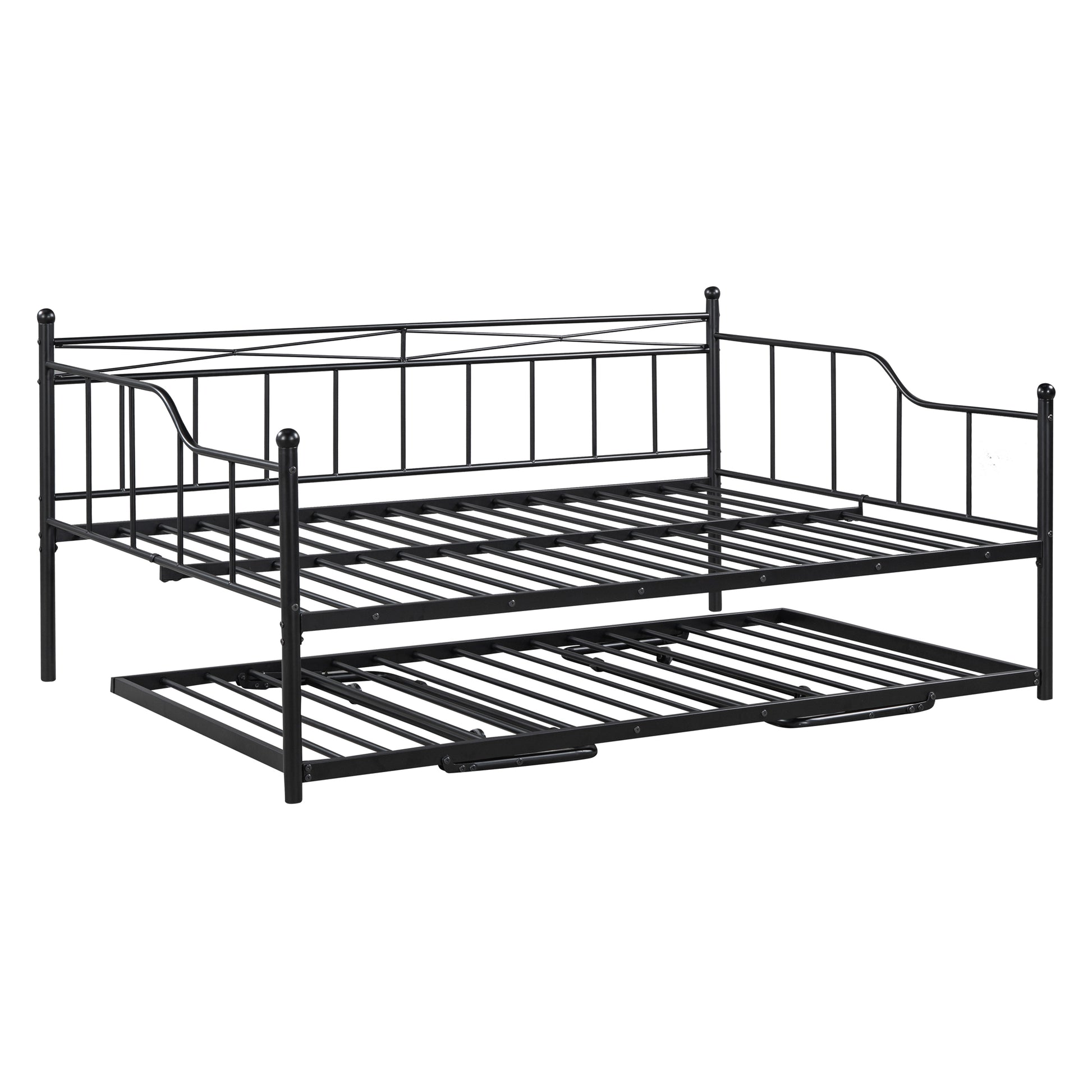 Full Size Metal Daybed With Twin Size Adjustable Trundle, Portable Folding Trundle, Black Old Sku:Mf293736Aab Black Steel