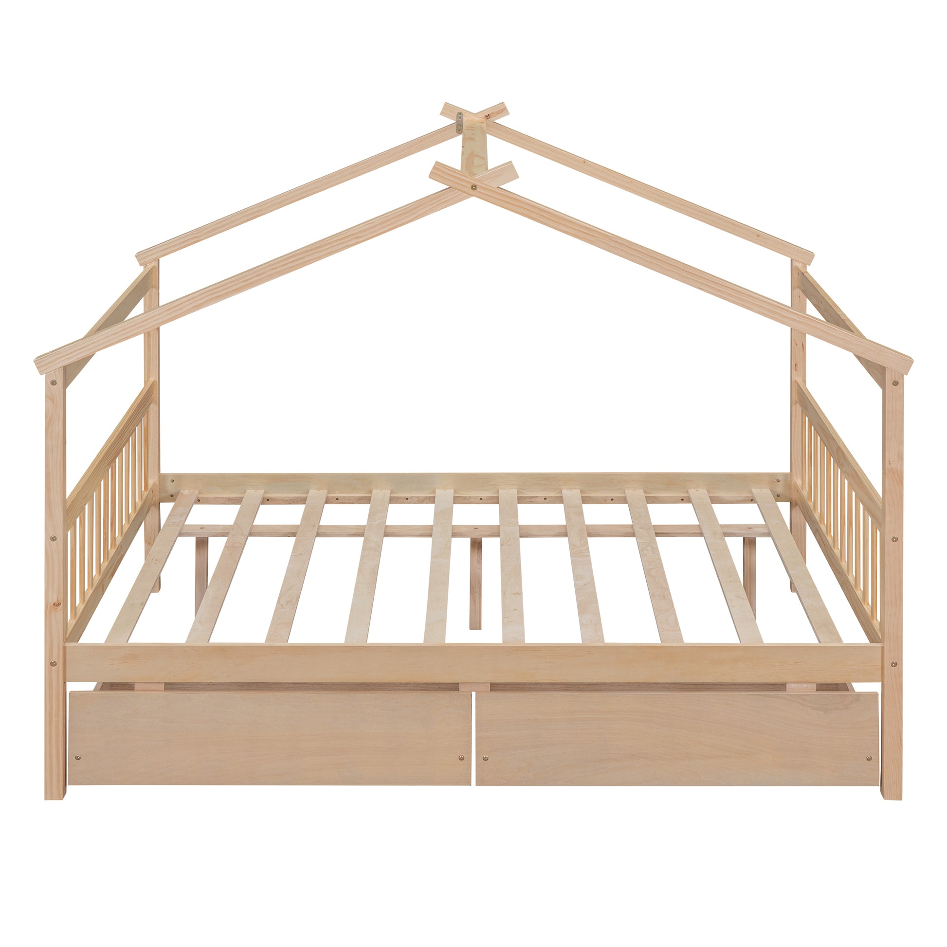 Full Size Wooden House Bed With Drawers, Natural Natural Solid Wood Mdf