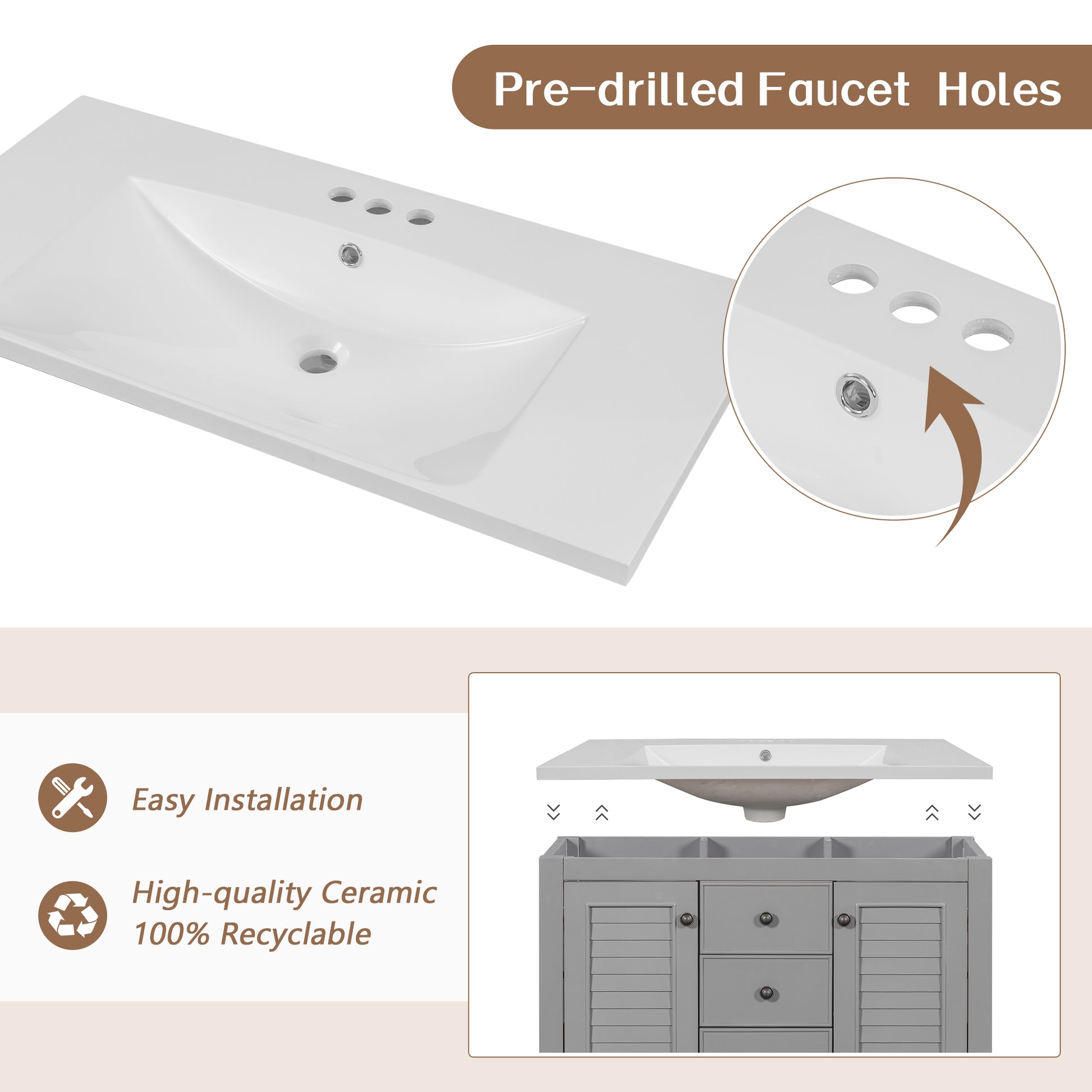 36" Bathroom Vanity With Ceramic Basin, Two Cabinets And Drawers, Open Shelf, Solid Wood Frame, Grey Old Sku: Sy999101Aae 1 Grey Solid Wood Mdf